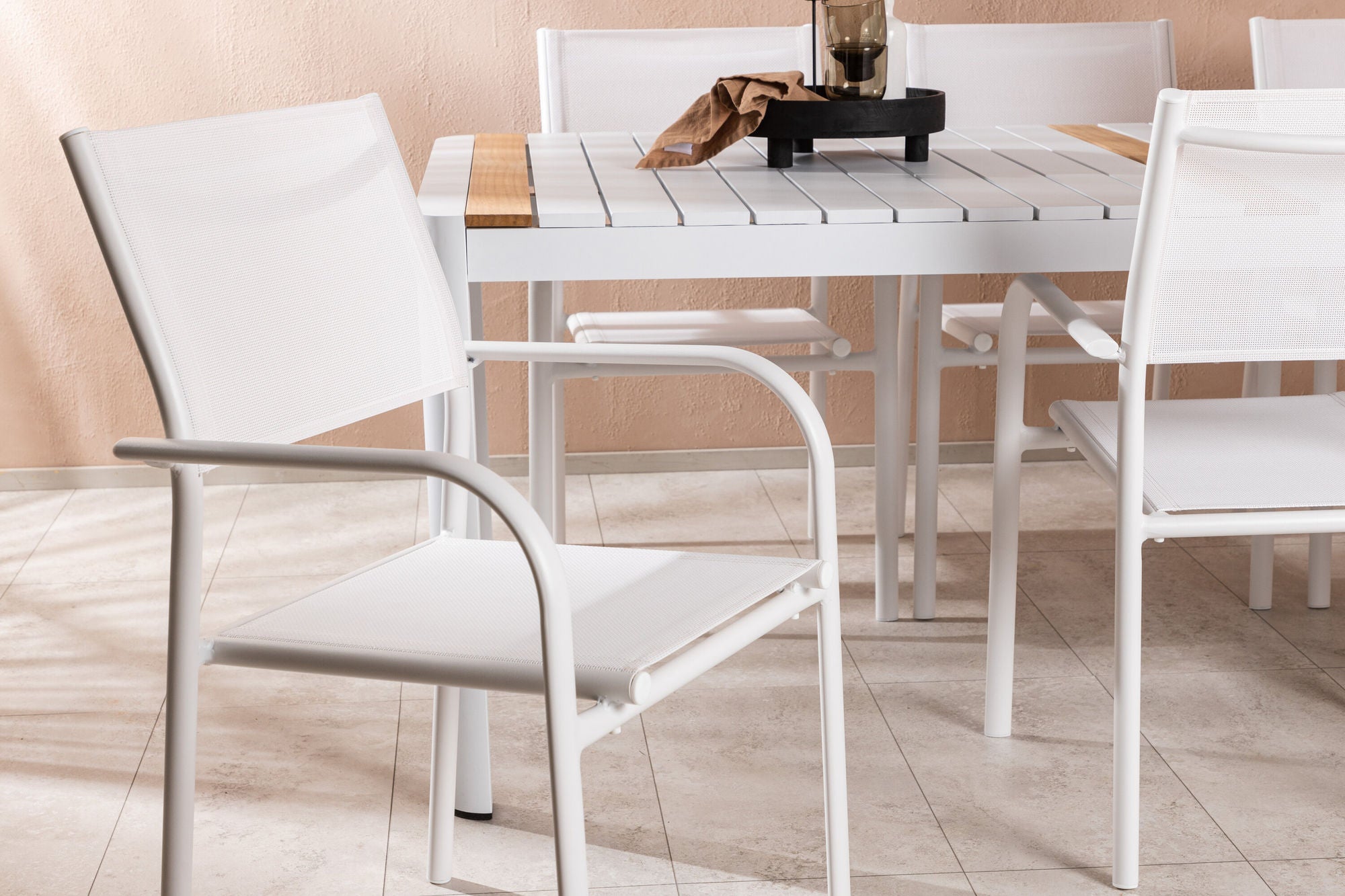 Venture Home Togo - spisebord- White / Teak - Allu / Teak - 200*100 +Santorini Arm stol (Stackable) - White Alu / White Textilene _6
