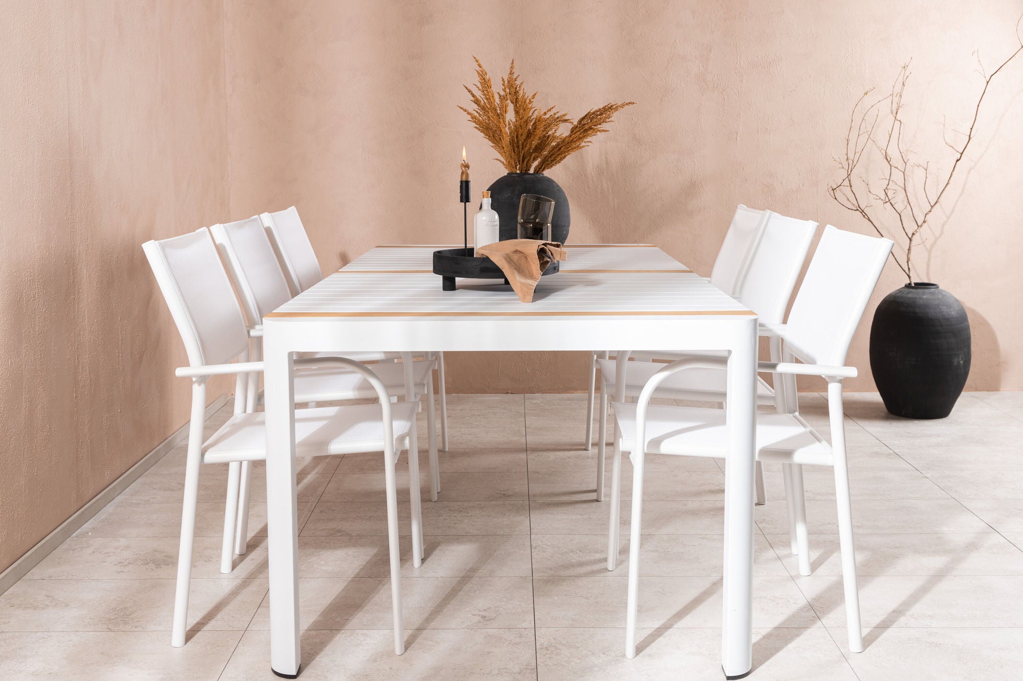 Venture Home Togo - spisebord- White / Teak - Allu / Teak - 200*100 +Santorini Arm stol (Stackable) - White Alu / White Textilene _6