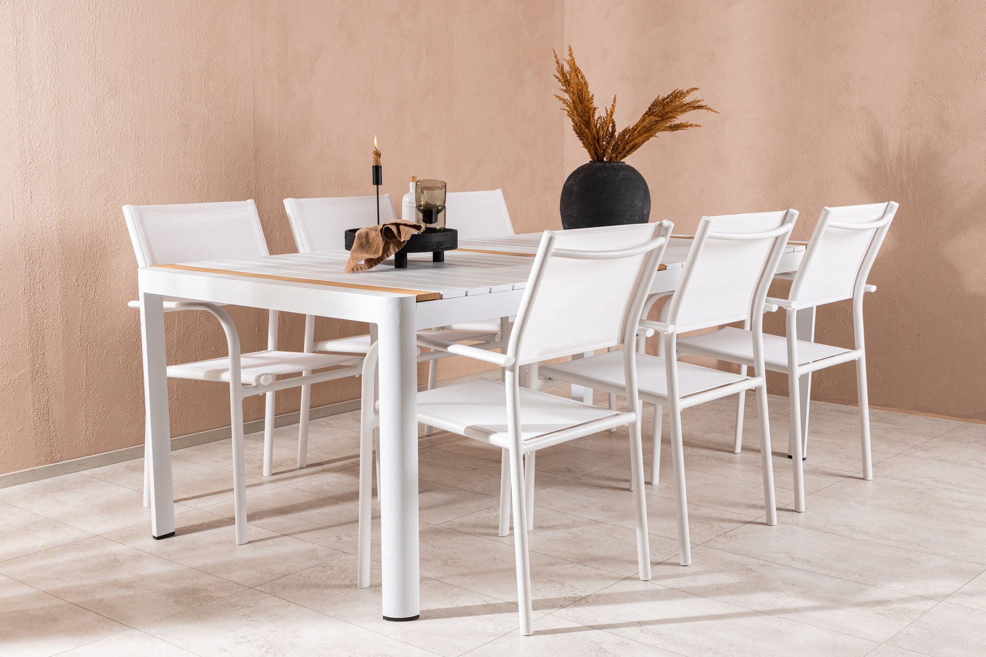 Venture Home Togo - spisebord- White / Teak - Allu / Teak - 200*100 +Santorini Arm stol (Stackable) - White Alu / White Textilene _6