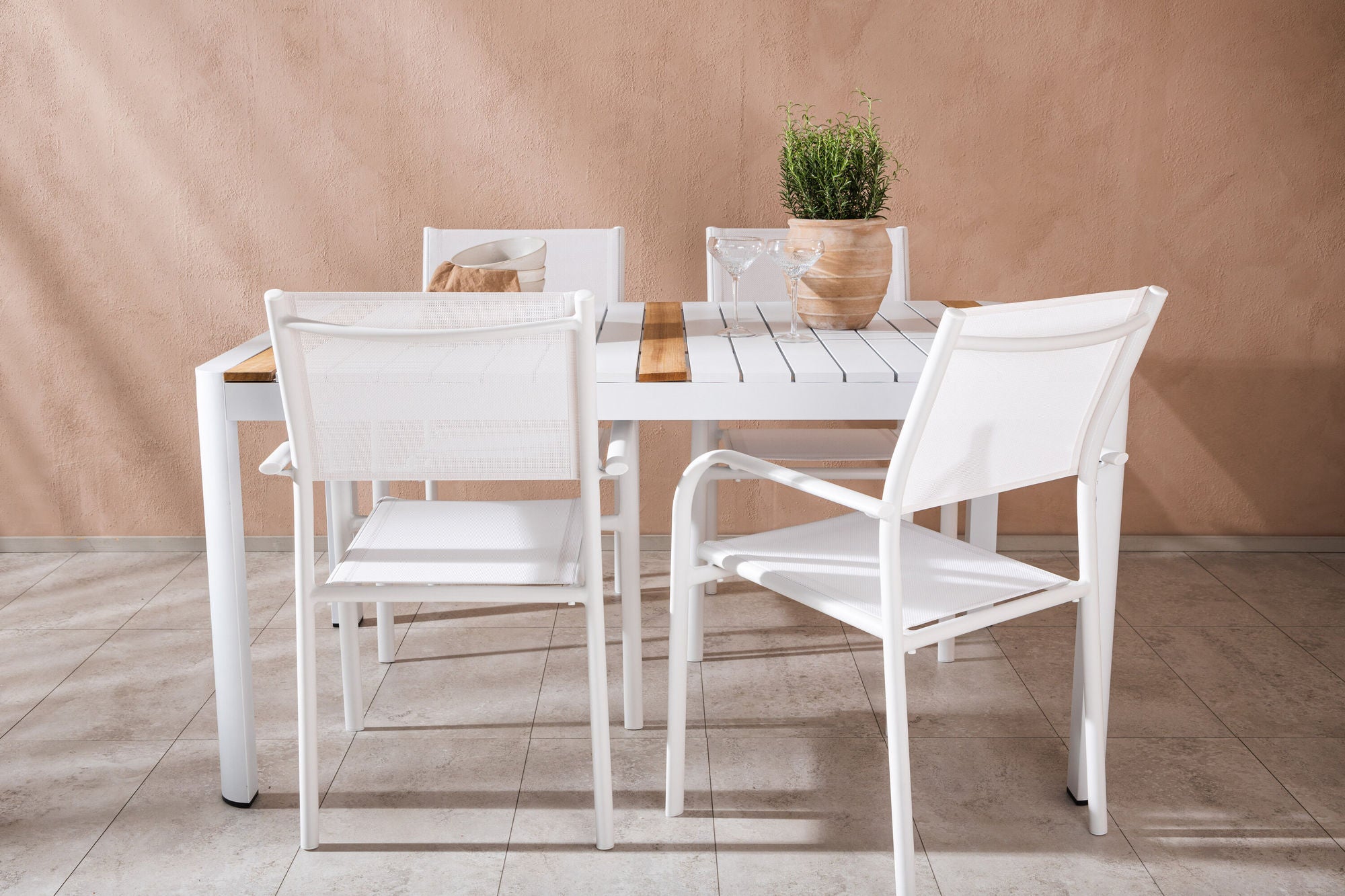 Venture Home Togo - spisebord- White / Teak - Allu / Teak - 150*100 +Santorini Arm stol (Stackable) - White Alu / White Textilene _4
