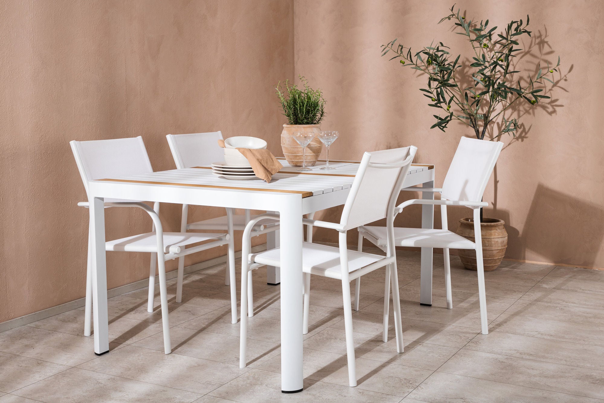 Venture Home Togo - spisebord- White / Teak - Allu / Teak - 150*100 +Santorini Arm stol (Stackable) - White Alu / White Textilene _4