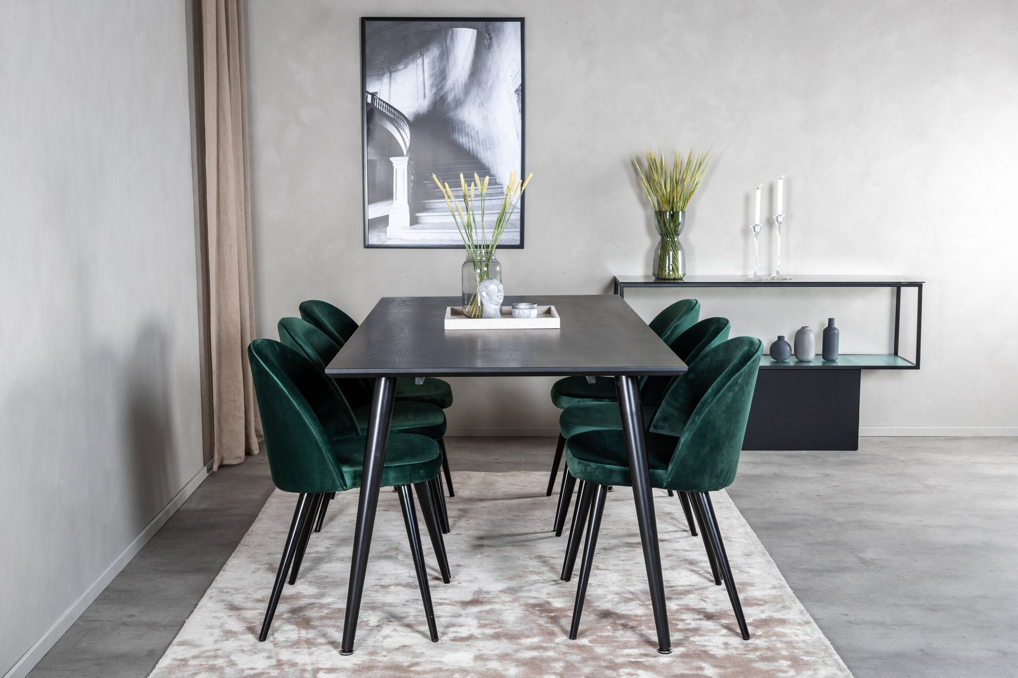 Venture Home Dipp spisebord - 180*90cm - Black Veneer / all black legs +Velvet Spisebordsstol - Green / Black_6