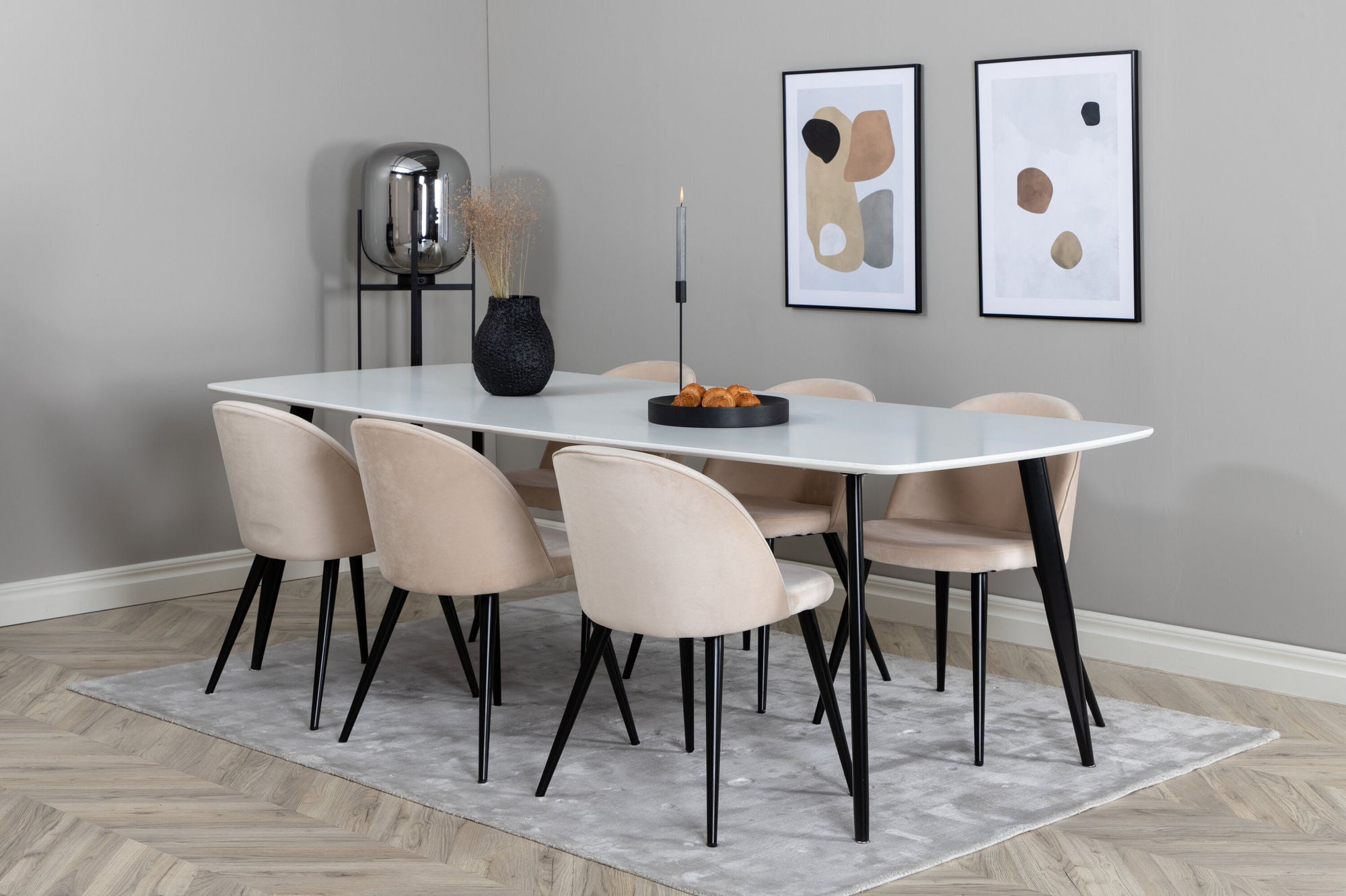 Venture Home Polar Elips Matbord - Svart / Vit - 240*100*H75 +Velvet Spisebordsstol - Beige / Black _6