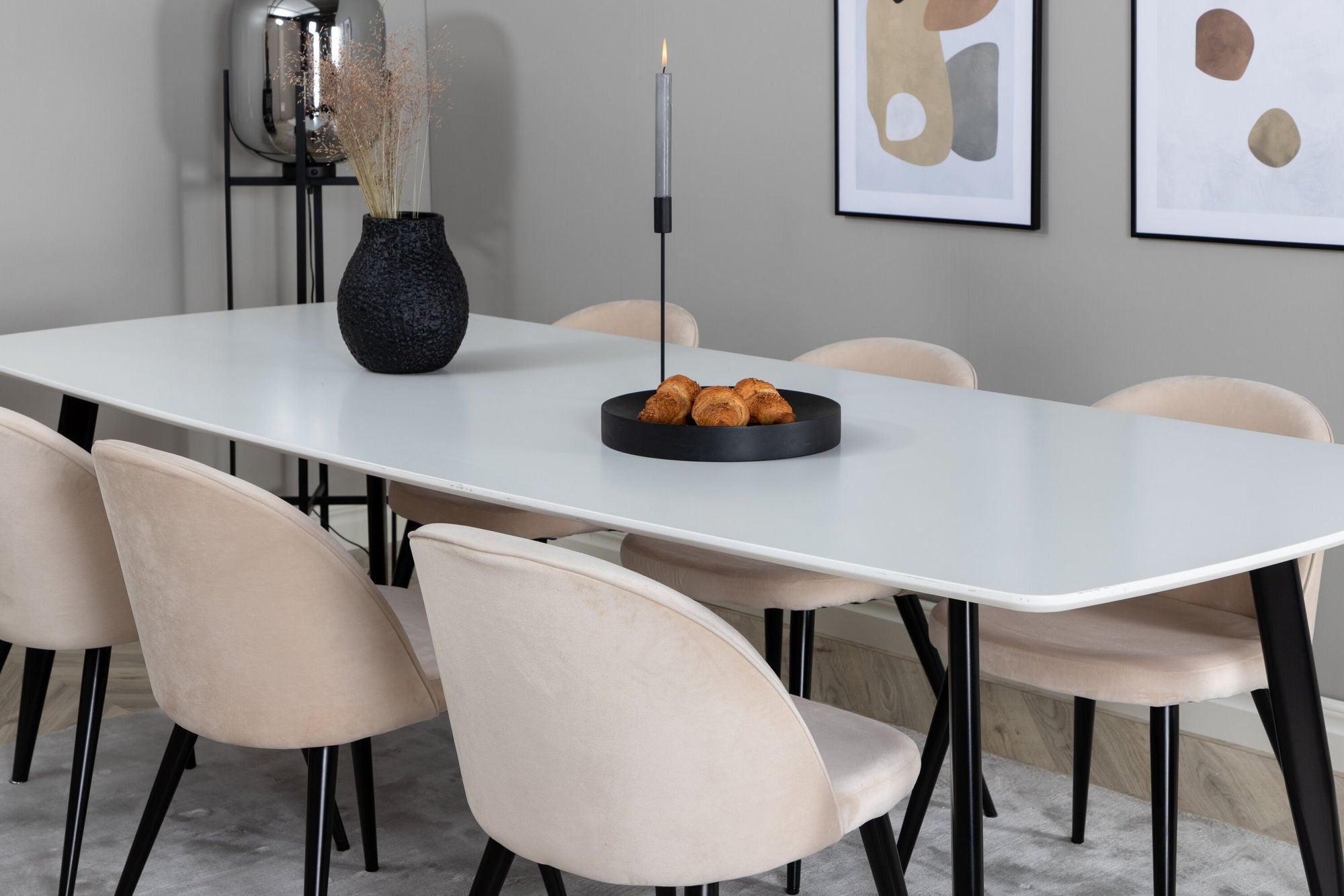 Venture Home Polar Elips Matbord - Svart / Vit - 240*100*H75 +Velvet Spisebordsstol - Beige / Black _6
