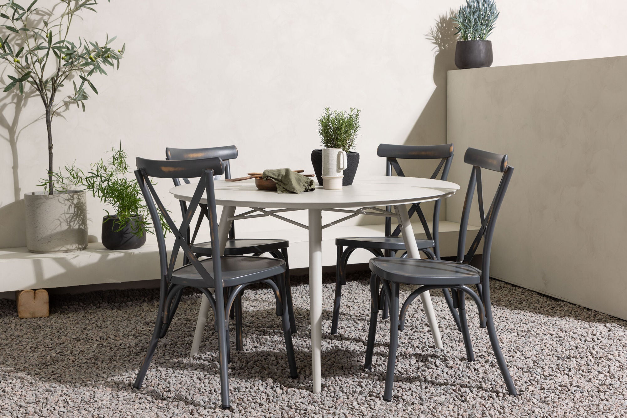 Venture Home Lina spisebord - Beige - rund 120 cm +Tablas Diningchair Aluminium - Black / _4