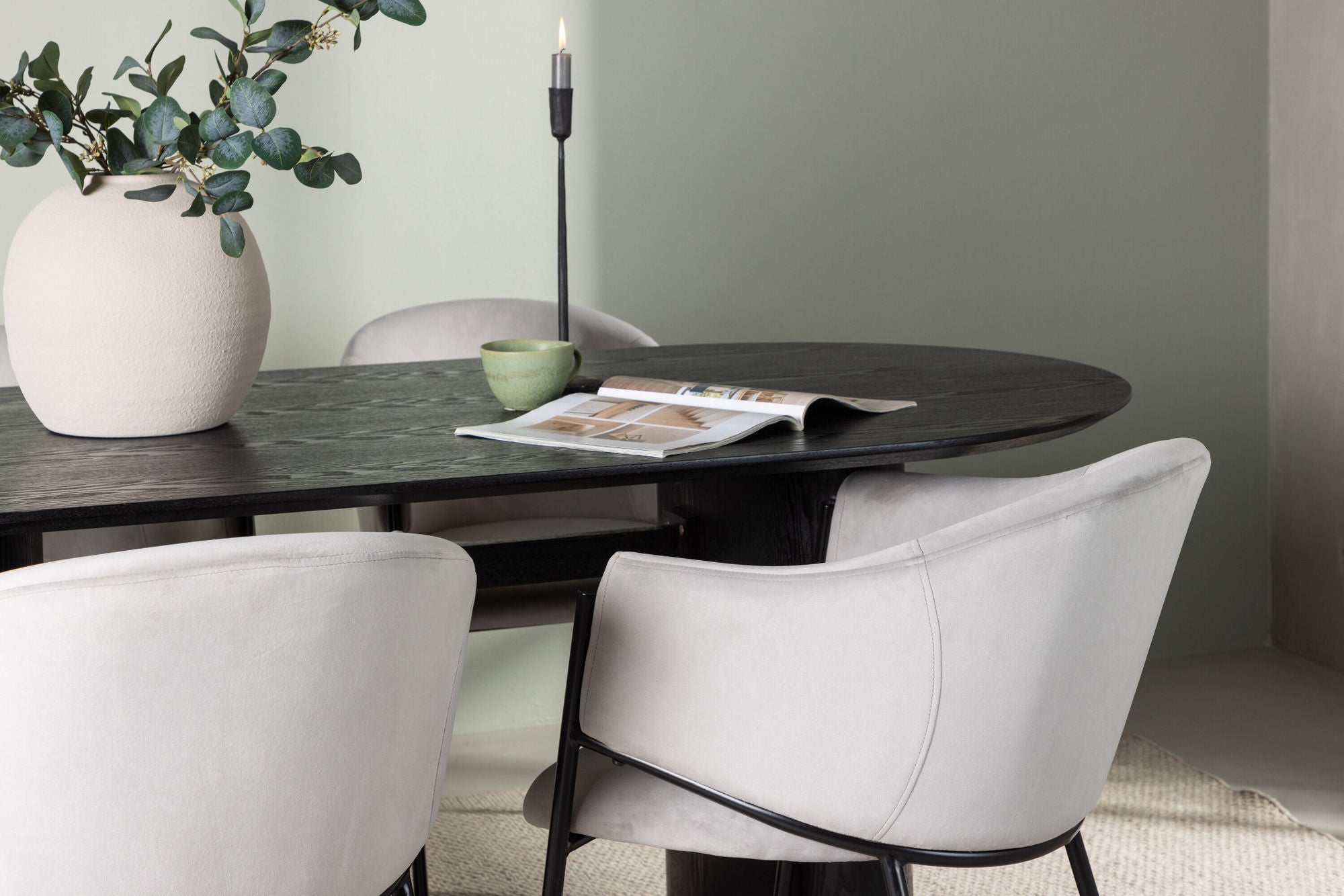 Venture Home Isolde spisebord 180*75 - Black / Black MDF +Evelina Spisebordsstol - Black / Light grey Velvet _4