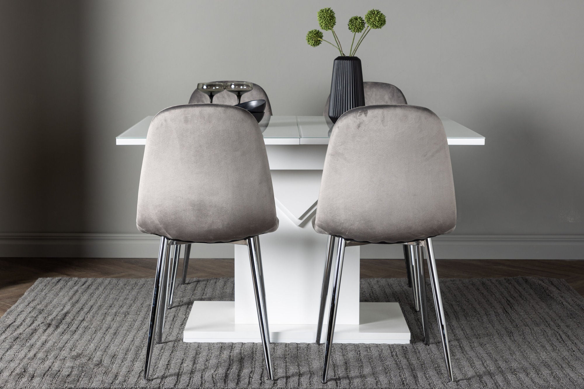 Venture Home Pluto spisebord 120/160*90- White / MDF Glass +Eva Spisebordsstol - Light grey / Light grey Velvet _4