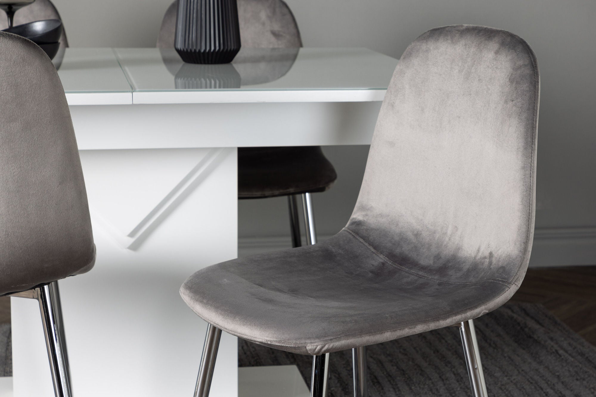 Venture Home Pluto spisebord 120/160*90- White / MDF Glass +Eva Spisebordsstol - Light grey / Light grey Velvet _4