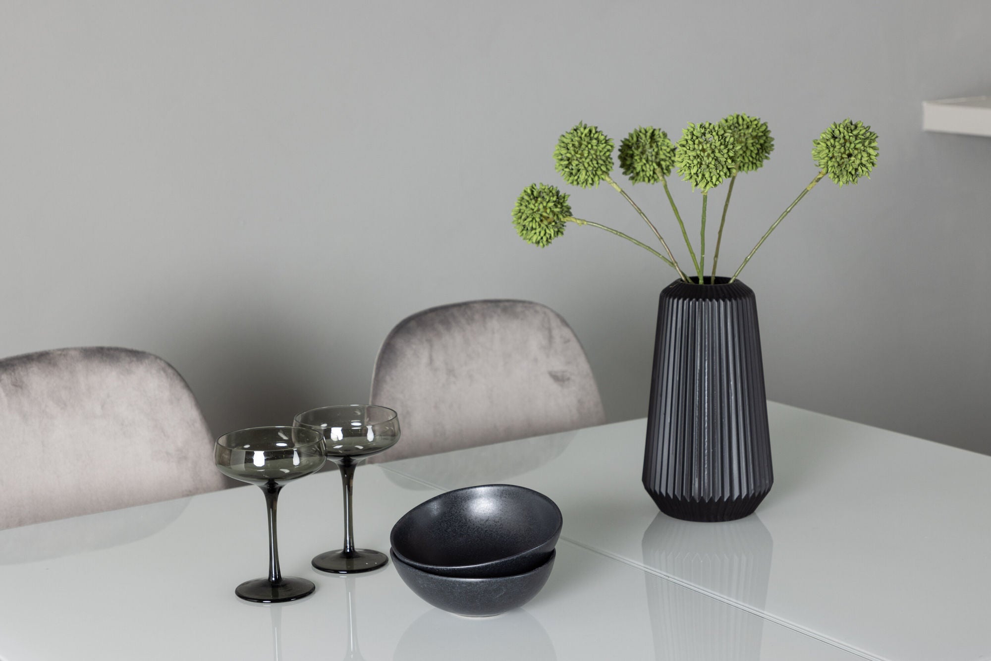 Venture Home Pluto spisebord 120/160*90- White / MDF Glass +Eva Spisebordsstol - Light grey / Light grey Velvet _4