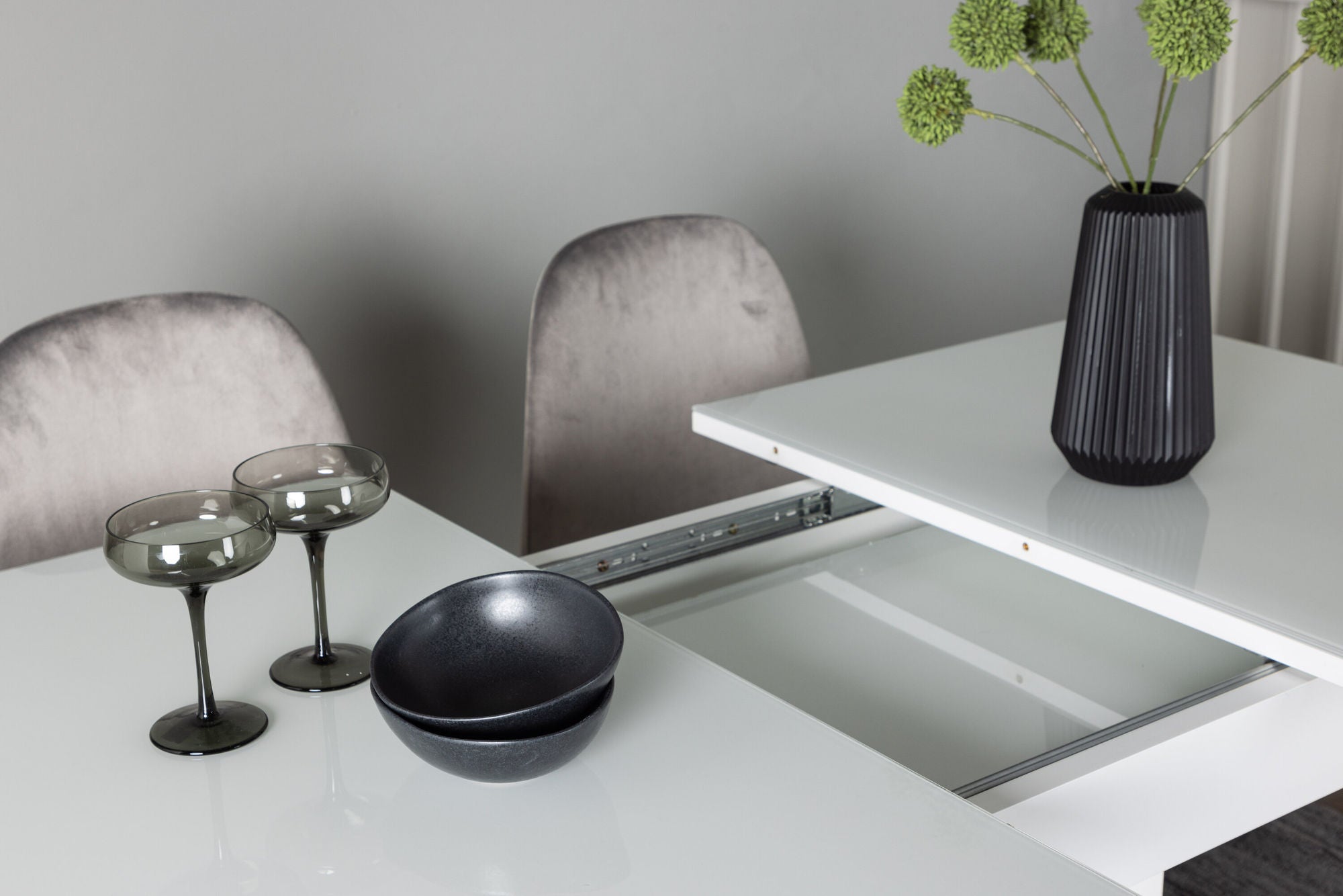 Venture Home Pluto spisebord 120/160*90- White / MDF Glass +Eva Spisebordsstol - Light grey / Light grey Velvet _4