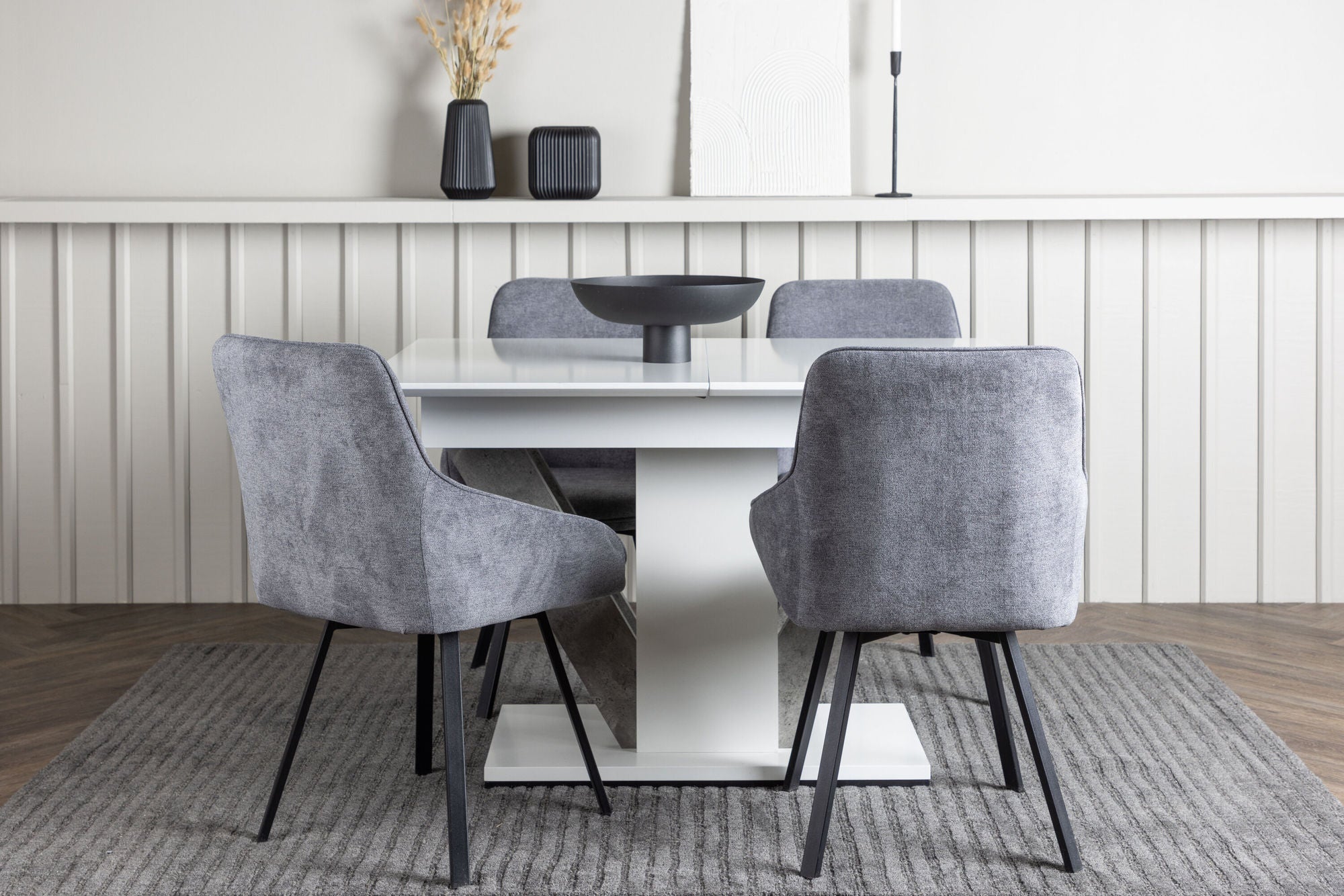 Venture Home Disa spisebord 120/160*80 - White / Grey MDF +Rosie Spisebordsstol - Black / Dark grey Fabric _4