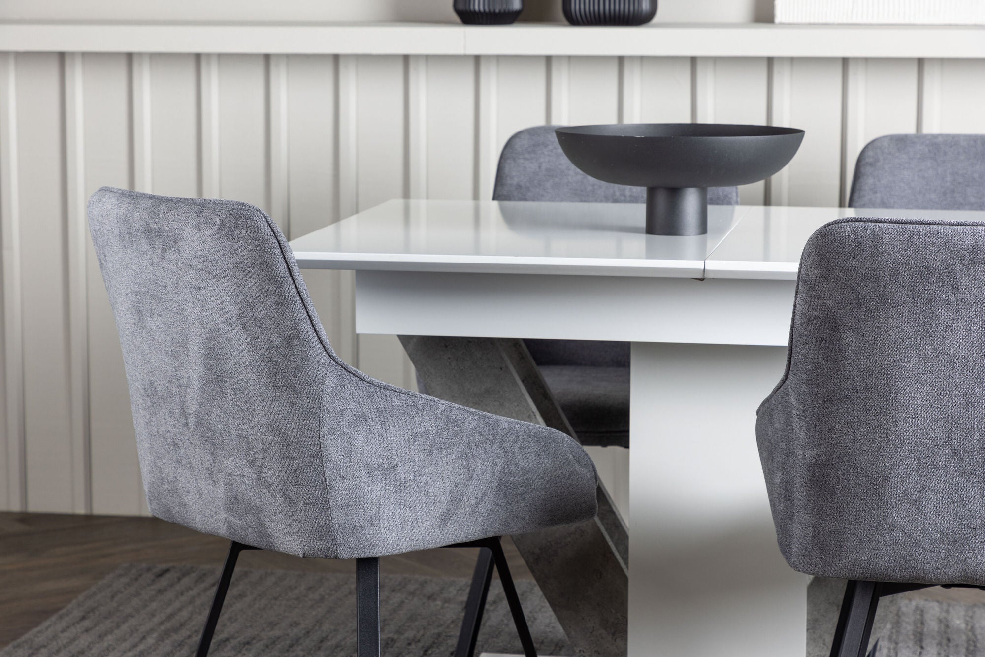 Venture Home Disa spisebord 120/160*80 - White / Grey MDF +Rosie Spisebordsstol - Black / Dark grey Fabric _4
