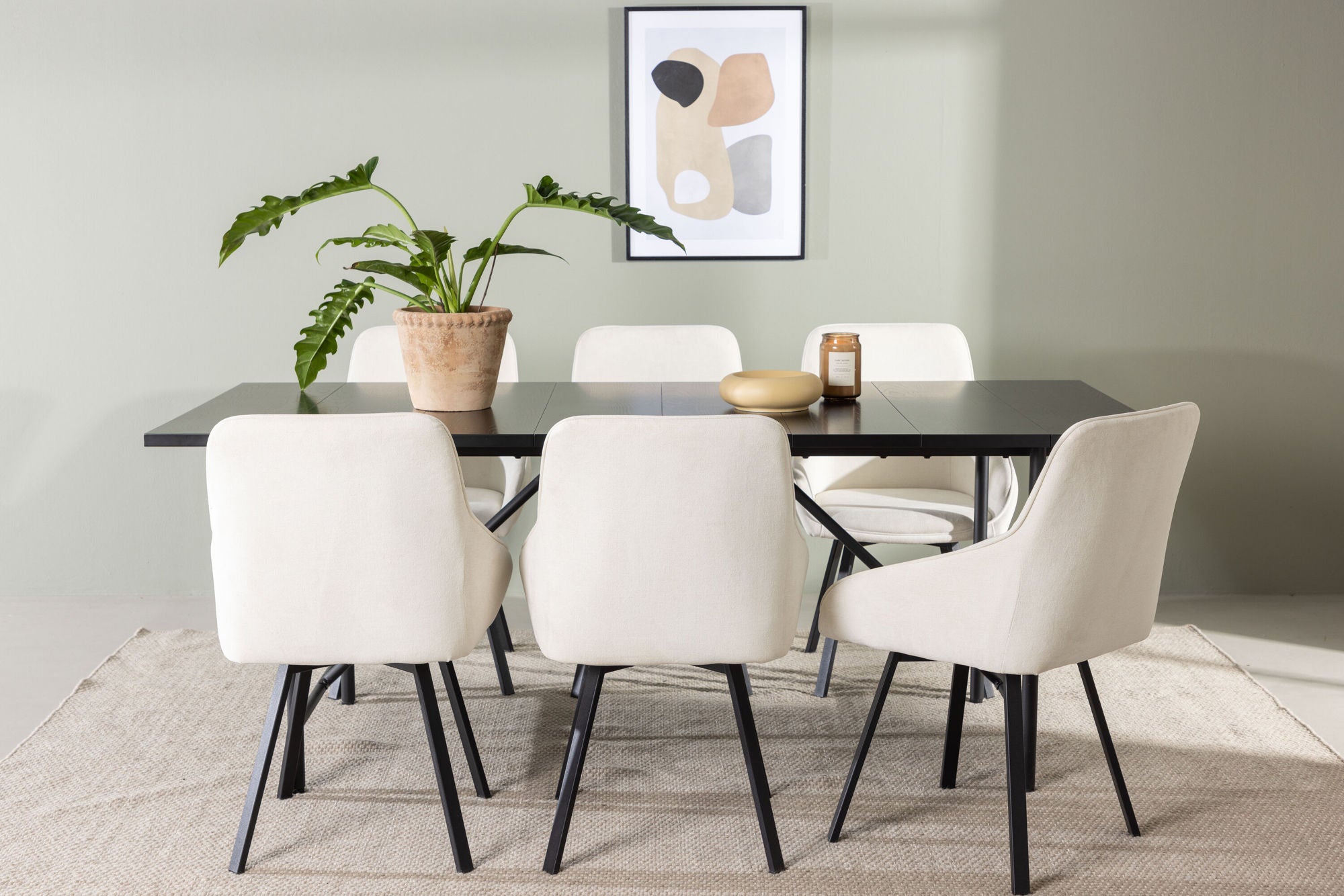Venture Home Astrid spisebord 200*75 - Matte black / Matte black MDF with veneer +Rosie Spisebordsstol - Black / Beige Fabric _6