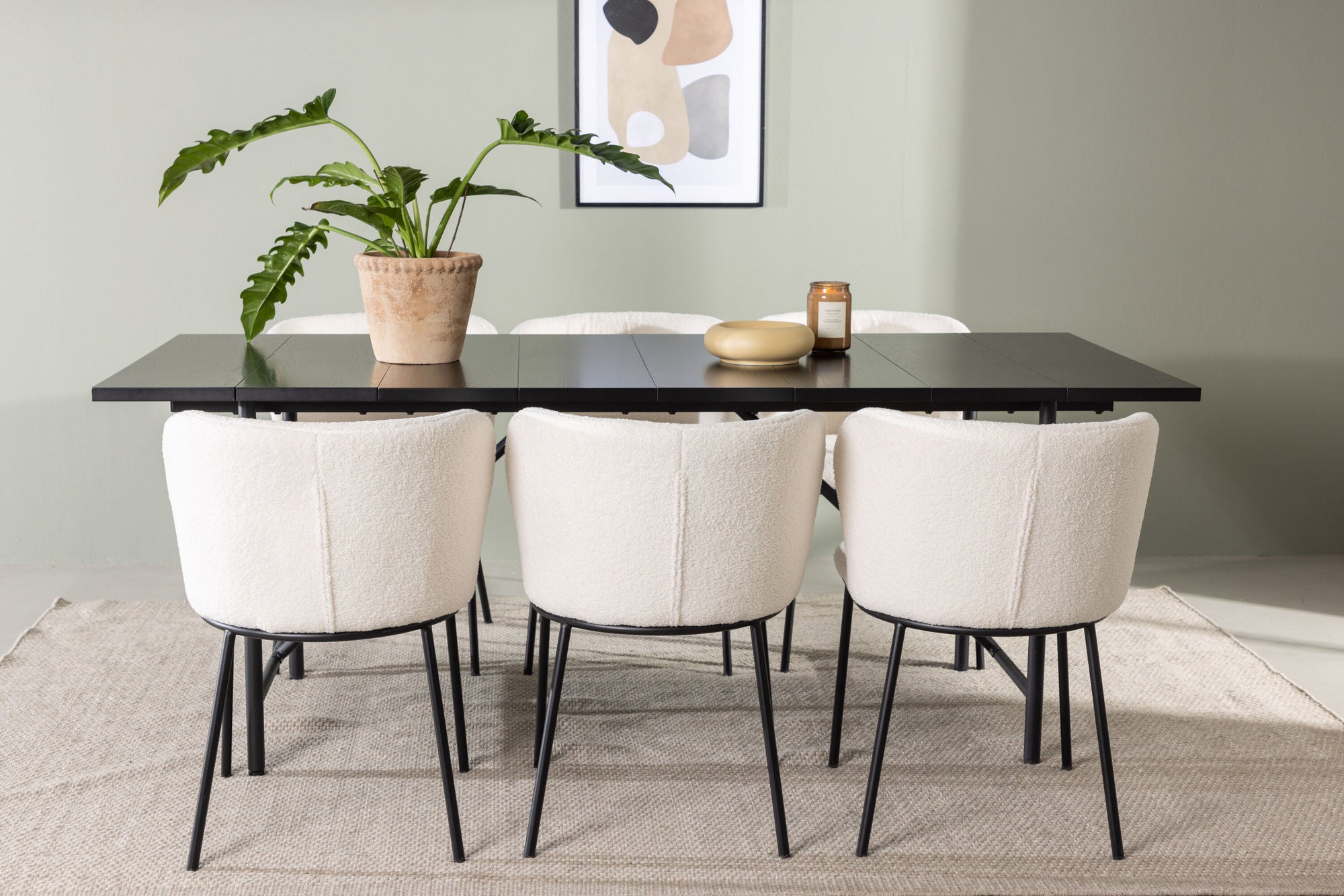 Venture Home Astrid spisebord 200*75 - Matte black / Matte black MDF with veneer +Edina Spisebordsstol - Black / White Boucle _6