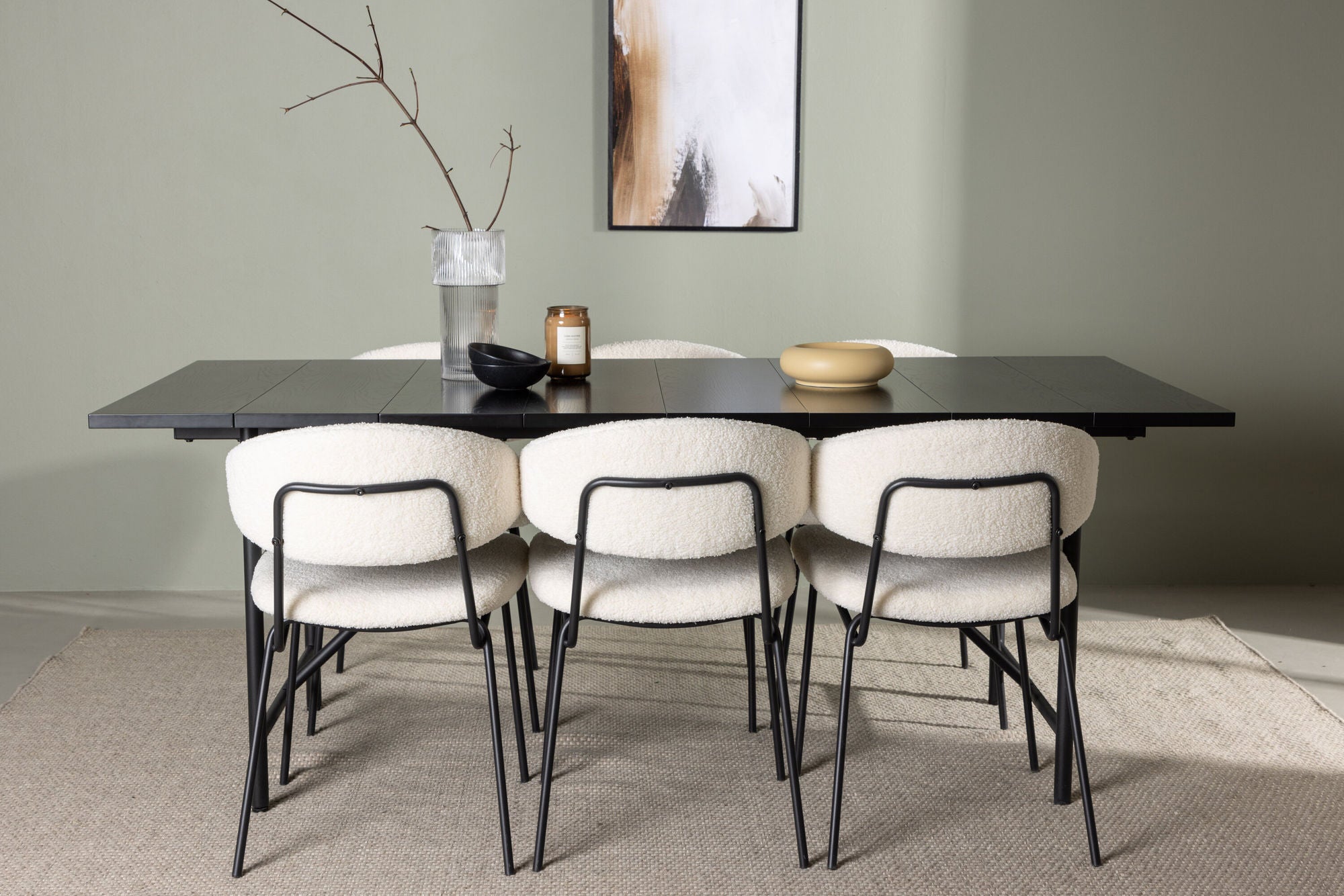 Venture Home Astrid spisebord 200*75 - Matte black / Matte black MDF with veneer +Chico Spisebordsstol - Black / White Boucle _6