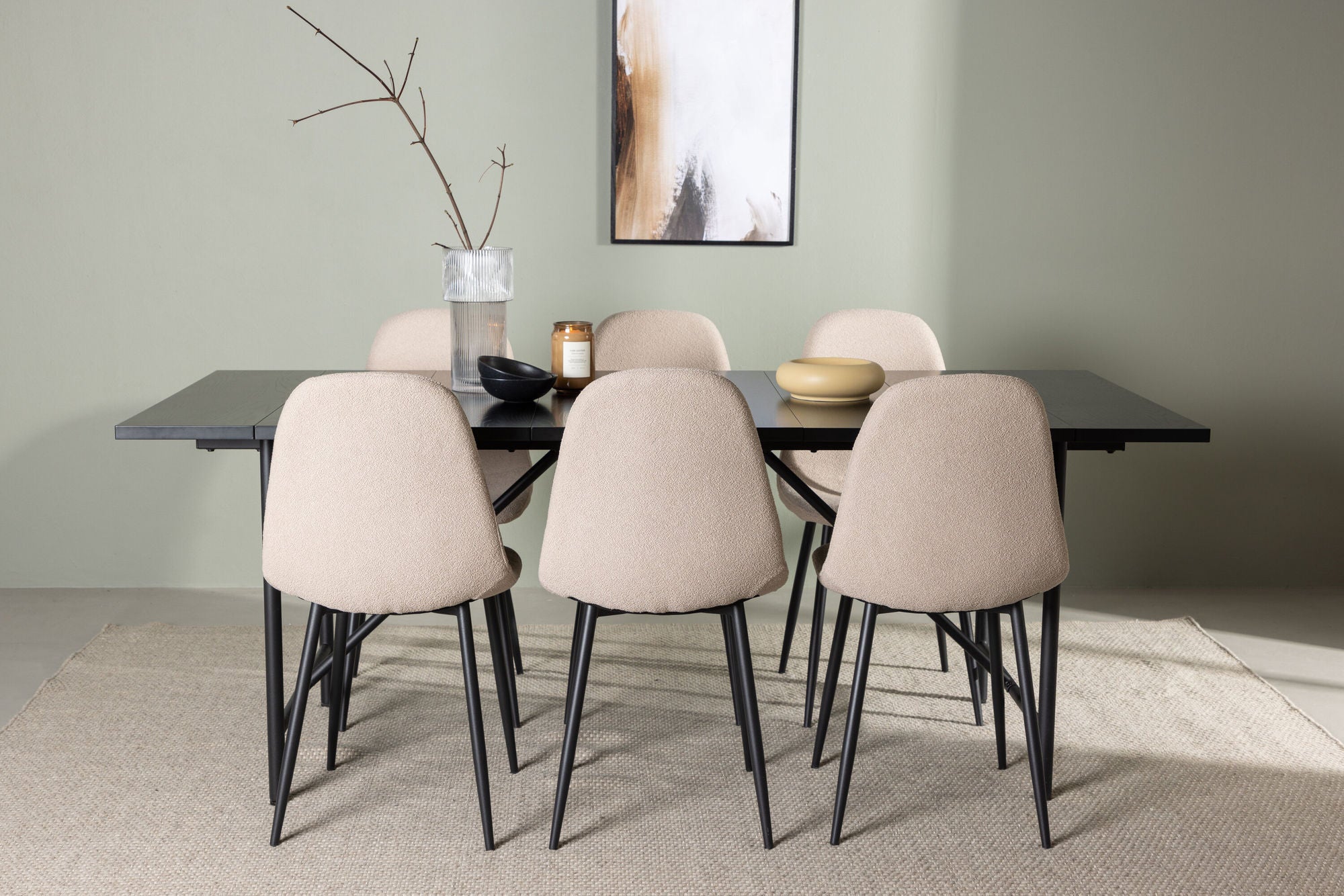 Venture Home Astrid spisebord 200*75 - Matte black / Matte black MDF with veneer +Polar Spisebordsstol - Black / Beige Boucle _6