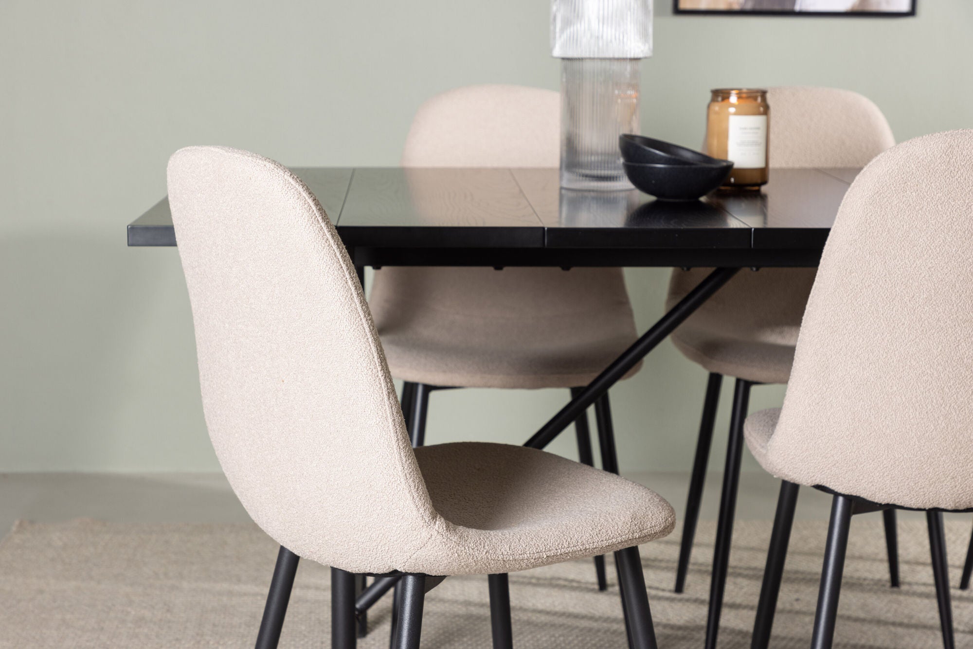 Venture Home Astrid spisebord 200*75 - Matte black / Matte black MDF with veneer +Polar Spisebordsstol - Black / Beige Boucle _6