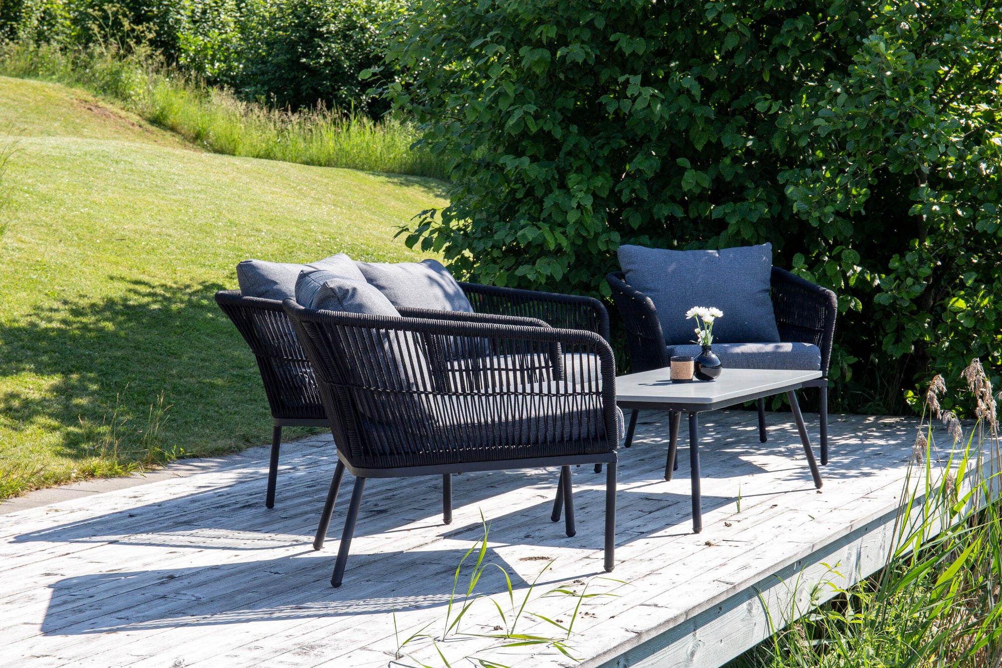 Venture Home Lindos Sofa Set - Black Alu / Black Rope / Grey Cushions