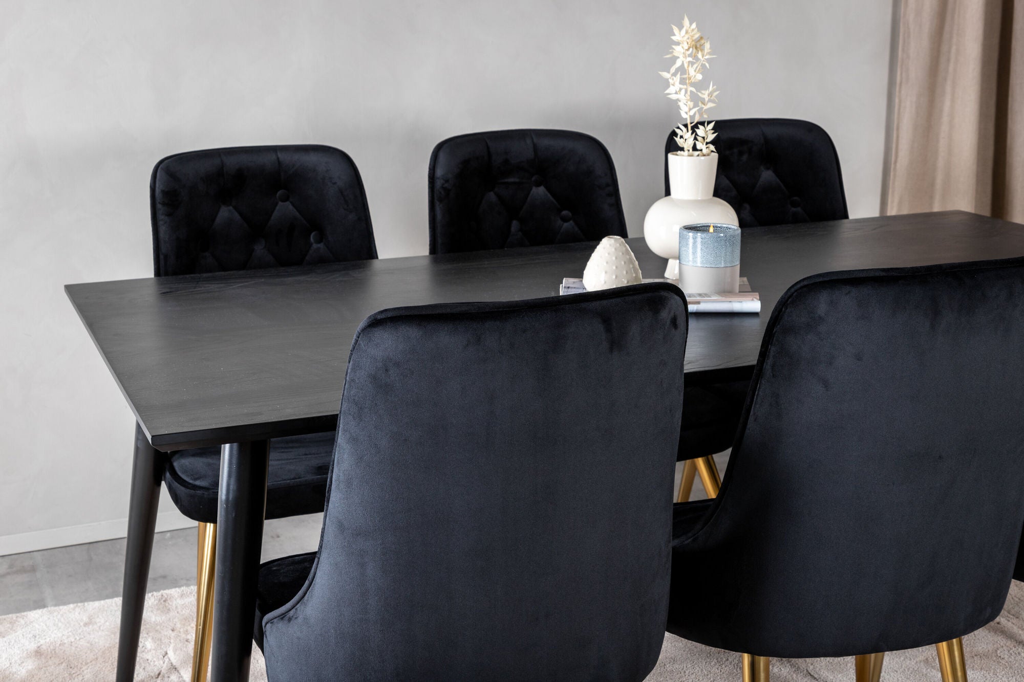 Venture Home Dipp spisebord - 180*90cm - Black Veneer / all black legs +Velvet Deluxe Spisebordsstol - Black / Brass_6