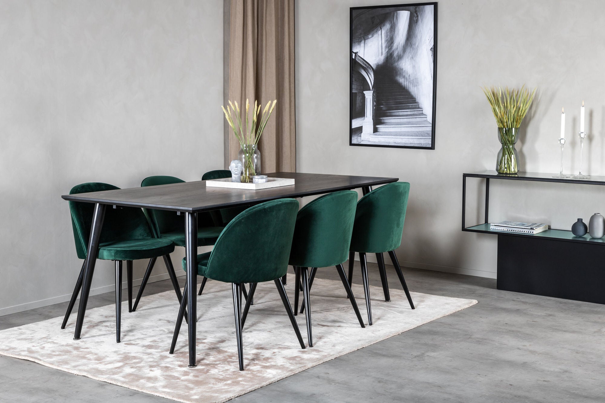 Venture Home Dipp spisebord - 180*90cm - Black Veneer / all black legs +Velvet Spisebordsstol - Green / Black_6