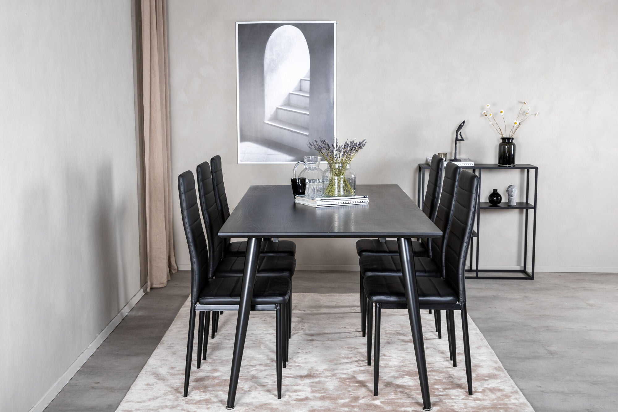 Venture Home Dipp spisebord - 180*90cm - Black Veneer / all black legs +Slim High Back Spisebordsstol - Black Legs - Black PU_6