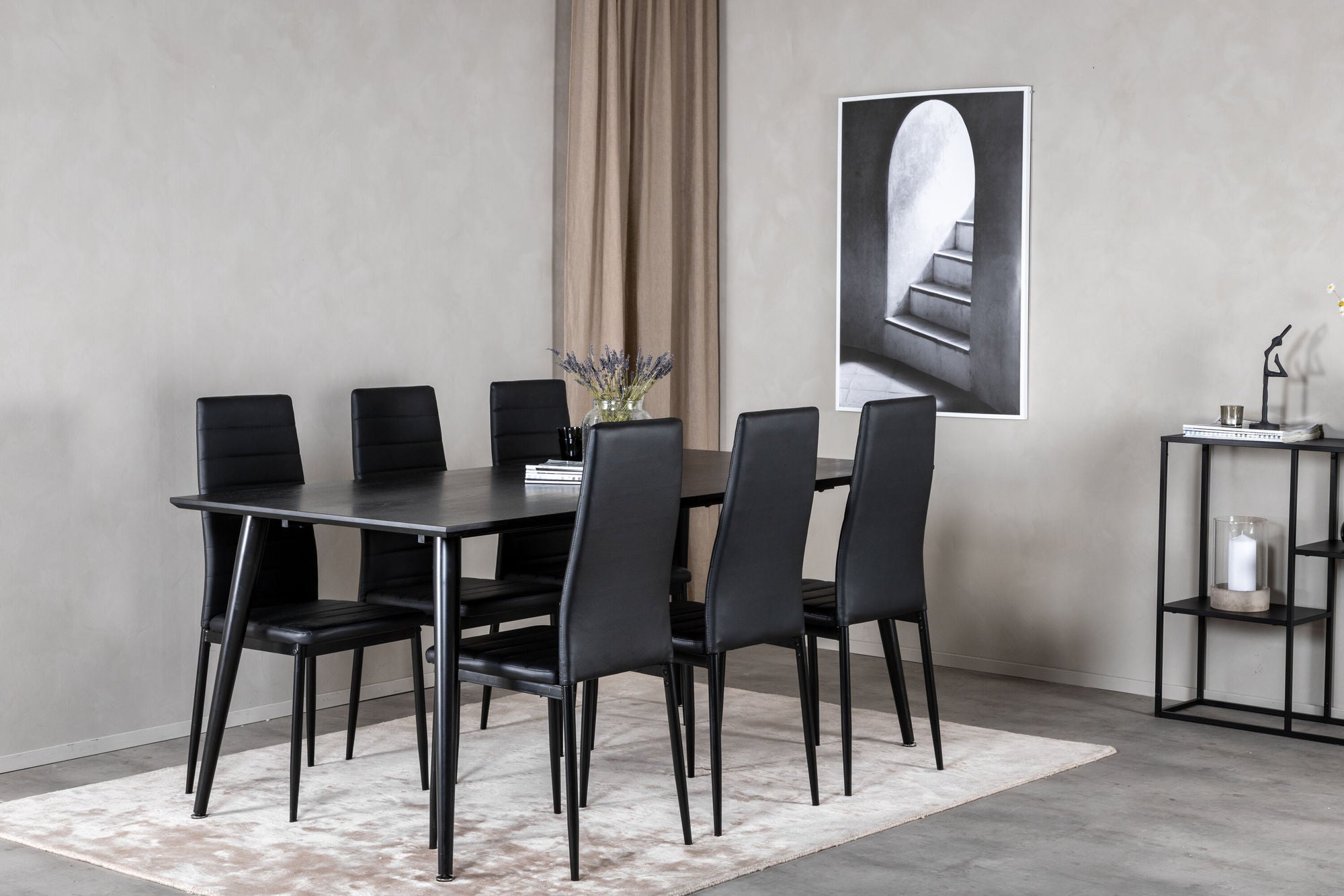 Venture Home Dipp spisebord - 180*90cm - Black Veneer / all black legs +Slim High Back Spisebordsstol - Black Legs - Black PU_6
