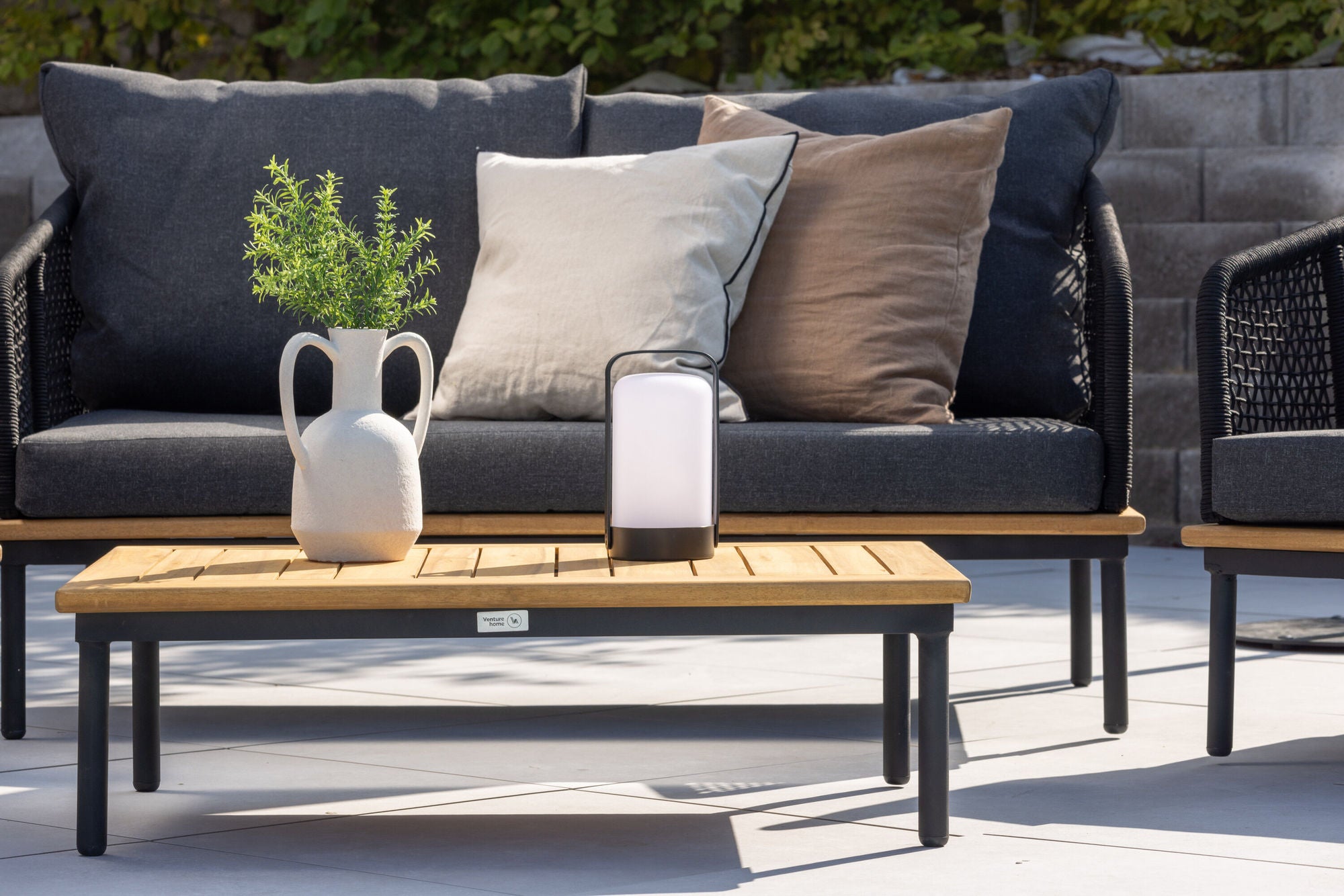 Venture Home Andorra Sofa Set - Black Alu / Acacia / Black Rope / Grey Cushion