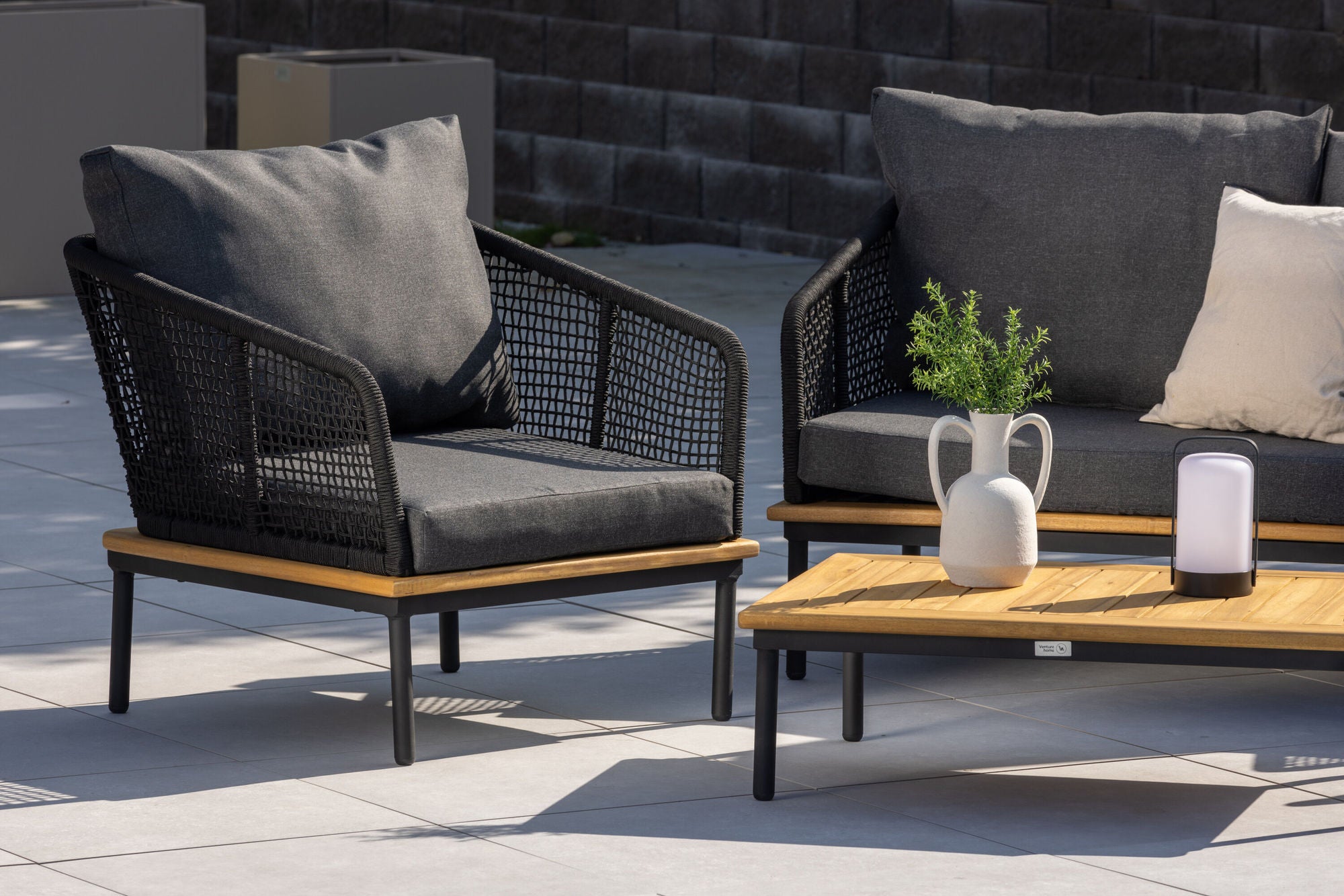 Venture Home Andorra Sofa Set - Black Alu / Acacia / Black Rope / Grey Cushion