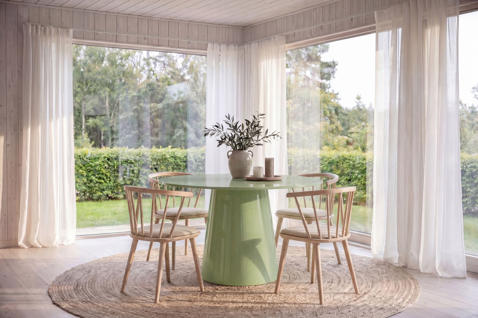 Venture Home Lanzo spisebord Ø120 Matcha Green + Bobby stol 2-pack Whitewash Wood _4
