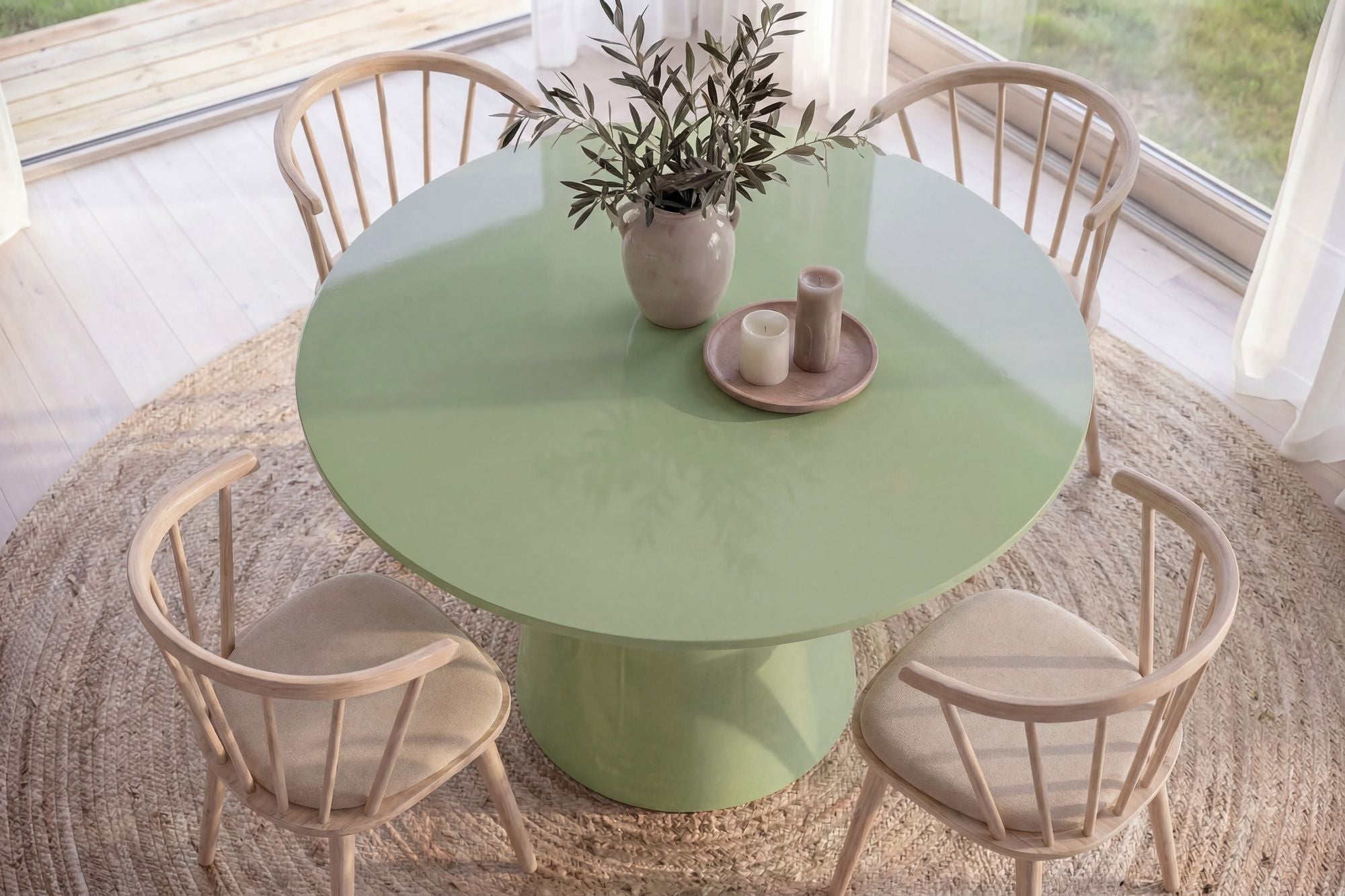 Venture Home Lanzo spisebord Ø120 Matcha Green + Bobby stol 2-pack Whitewash Wood _4