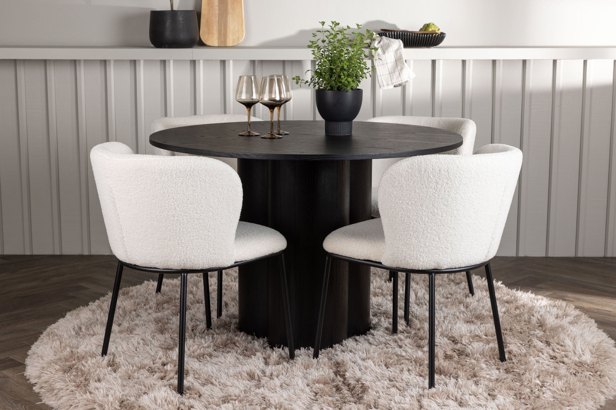 Venture Home Olivia spisebord - Black / Black Veneer +Edina Spisebordsstol - Black / White Boucle _4