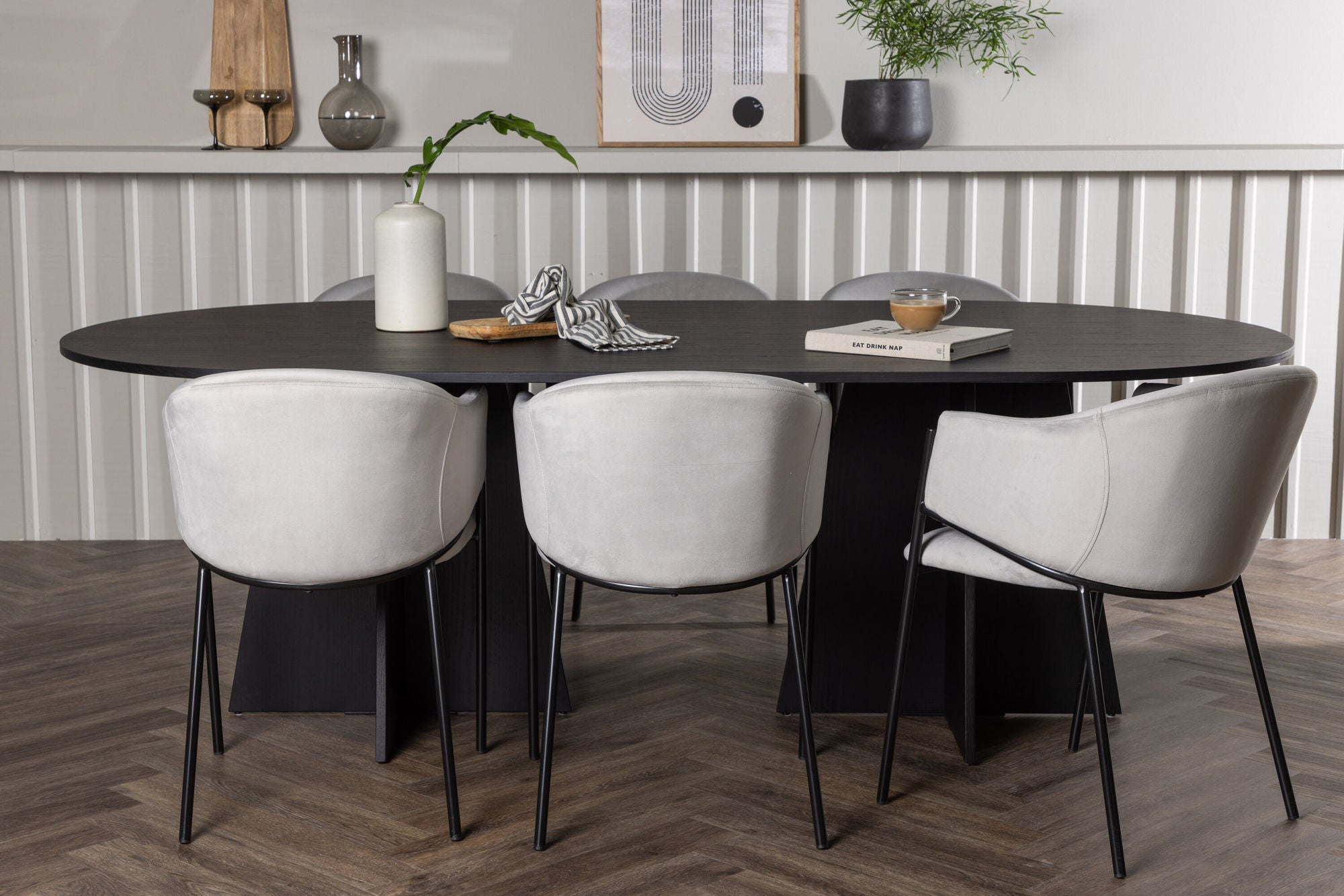 Venture Home Bootcut Oval spisebord - Black / Black Fanéer +Evelina Spisebordsstol - Black / Light grey Velvet _6