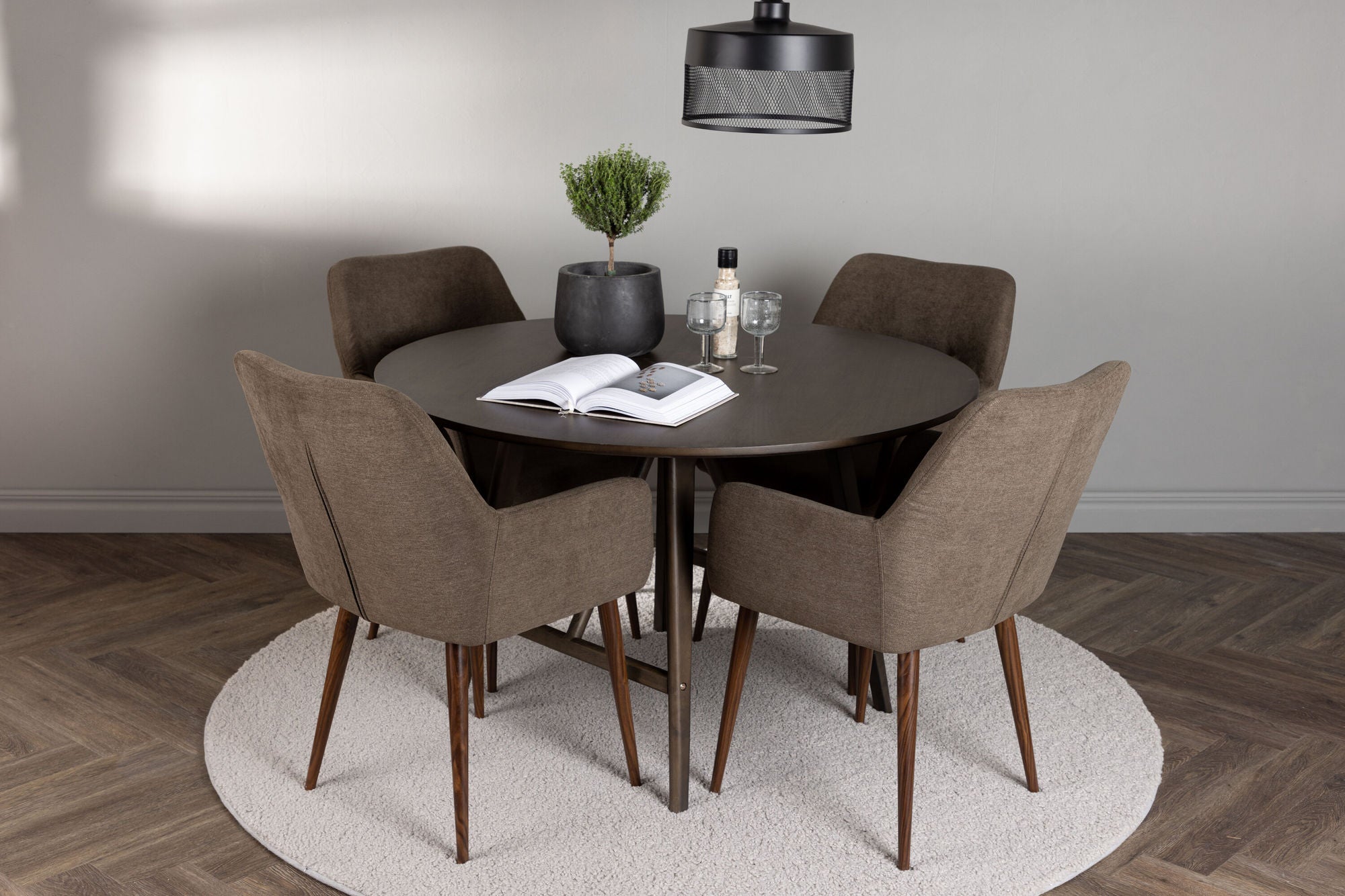 Venture Home Kaseidon spisebord - rund - Rubberwood / Dark Brown MDF +Tomorrow Spisebordsstol - Dark walnut / Dark grey/Brown Fabric _4