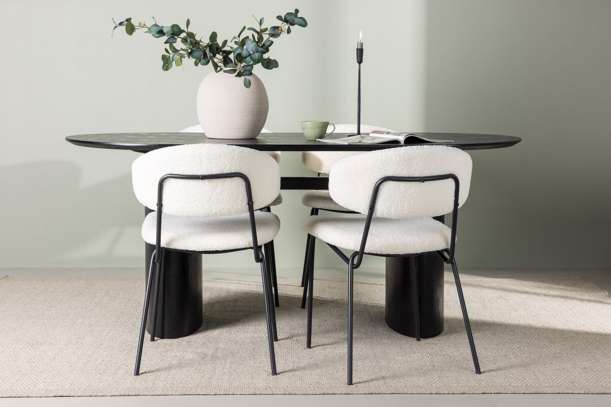 Venture Home Isolde spisebord 180*75 - Black / Black MDF +Chico Spisebordsstol - Black / White Boucle _4