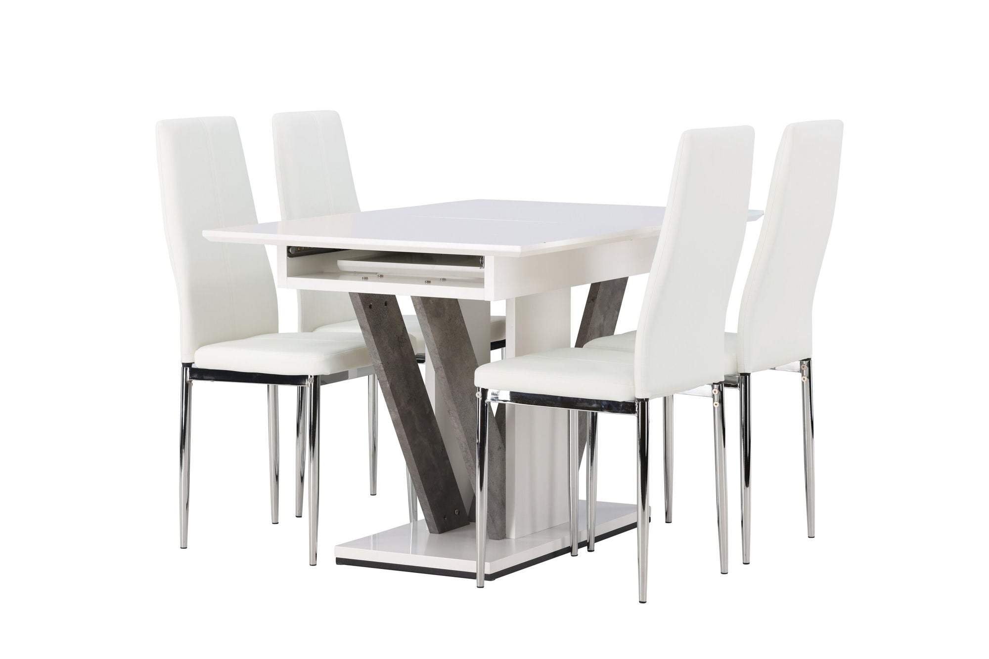 Venture Home Disa spisebord 120/160*80 - White / Grey MDF +Pastill Spisebordsstol - Silver / White PU _4