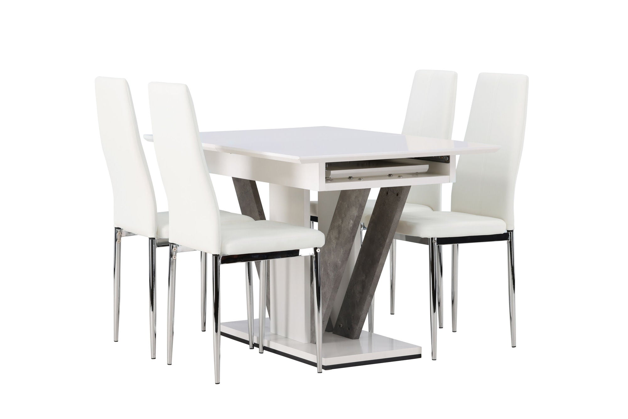 Venture Home Disa spisebord 120/160*80 - White / Grey MDF +Pastill Spisebordsstol - Silver / White PU _4