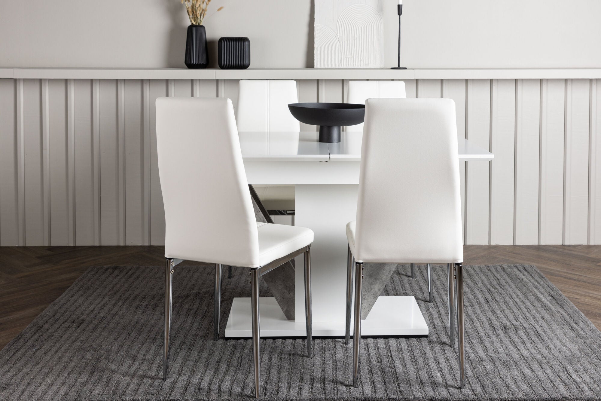 Venture Home Disa spisebord 120/160*80 - White / Grey MDF +Pastill Spisebordsstol - Silver / White PU _4
