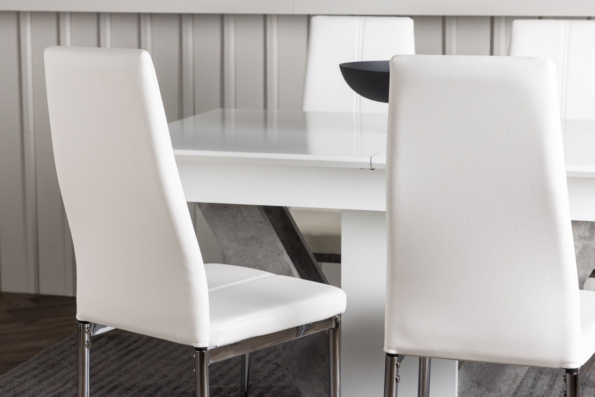 Venture Home Disa spisebord 120/160*80 - White / Grey MDF +Pastill Spisebordsstol - Silver / White PU _4