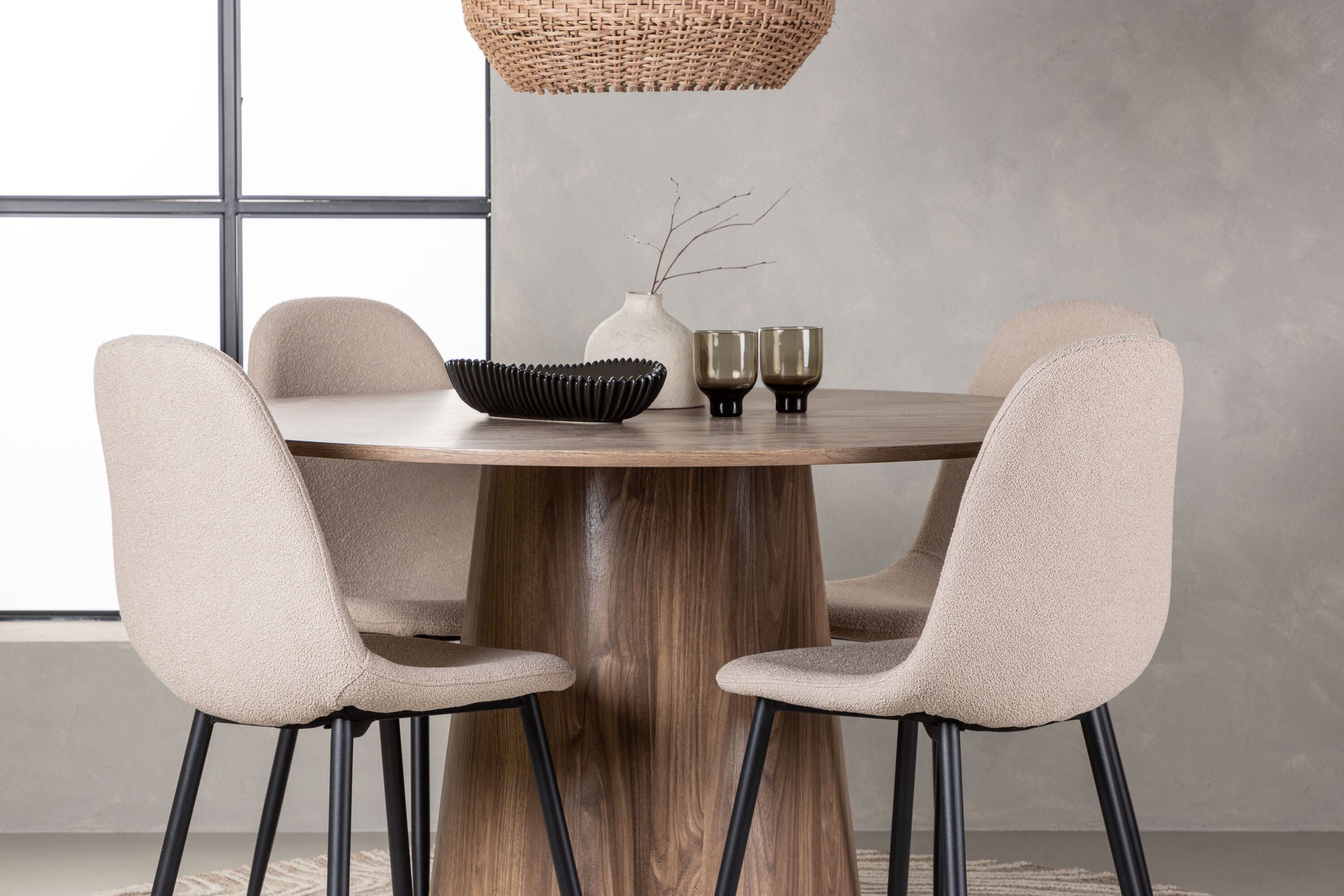 Venture Home Lanzo spisebord φ120 - Natural / Natural MDF +Polar Spisebordsstol - Black / Beige Boucle _4