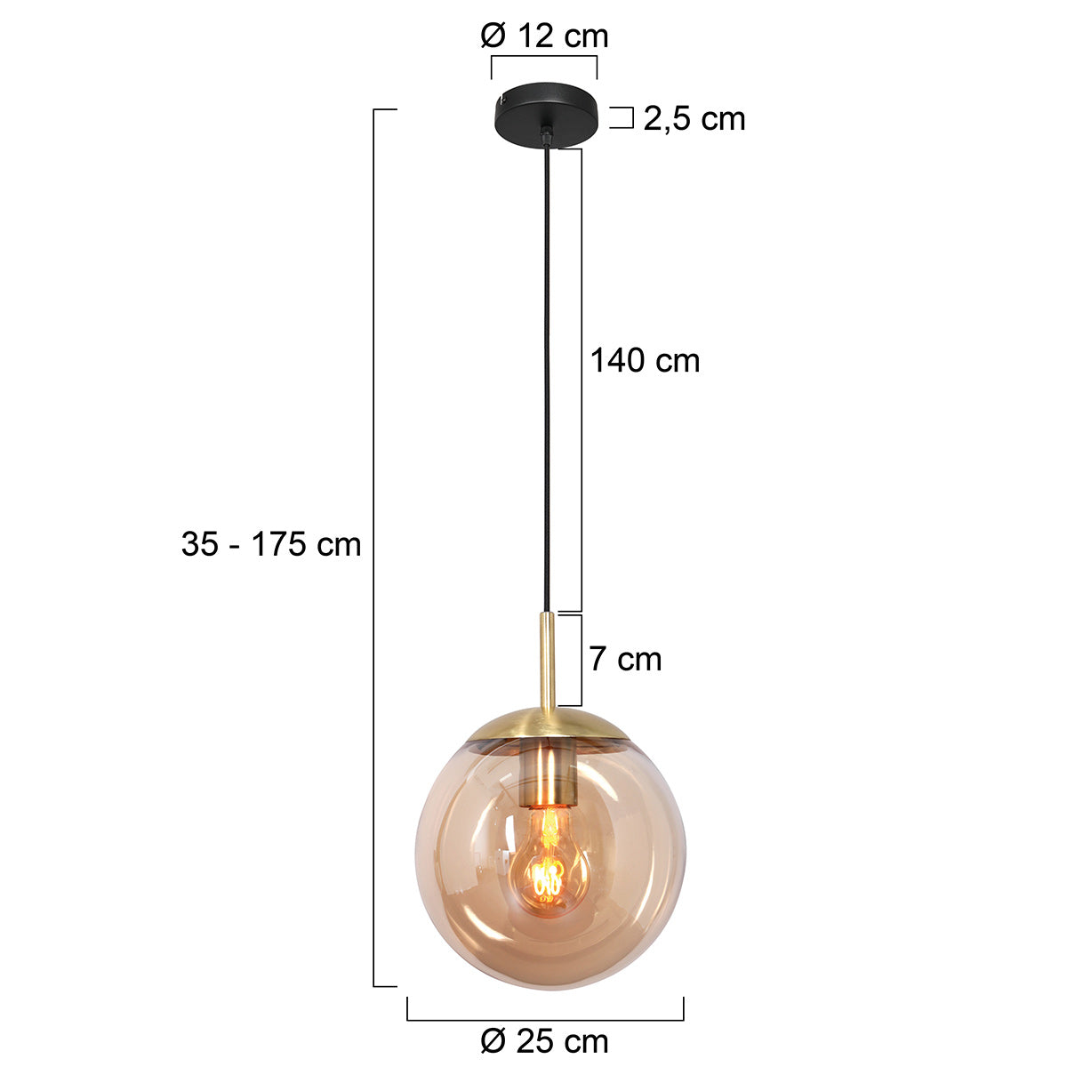 Pendellampe Bollique 3497ME i messing med ravfarvet glas Ø25 cm