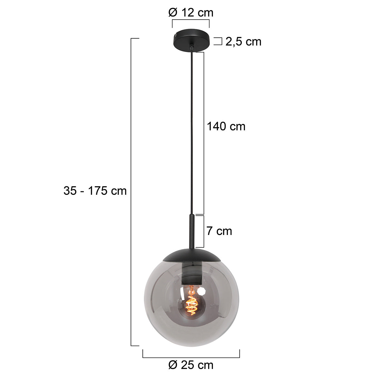 Hængelampe Bollique 3497ZW sort med røgfarvet glas Ø25 cm