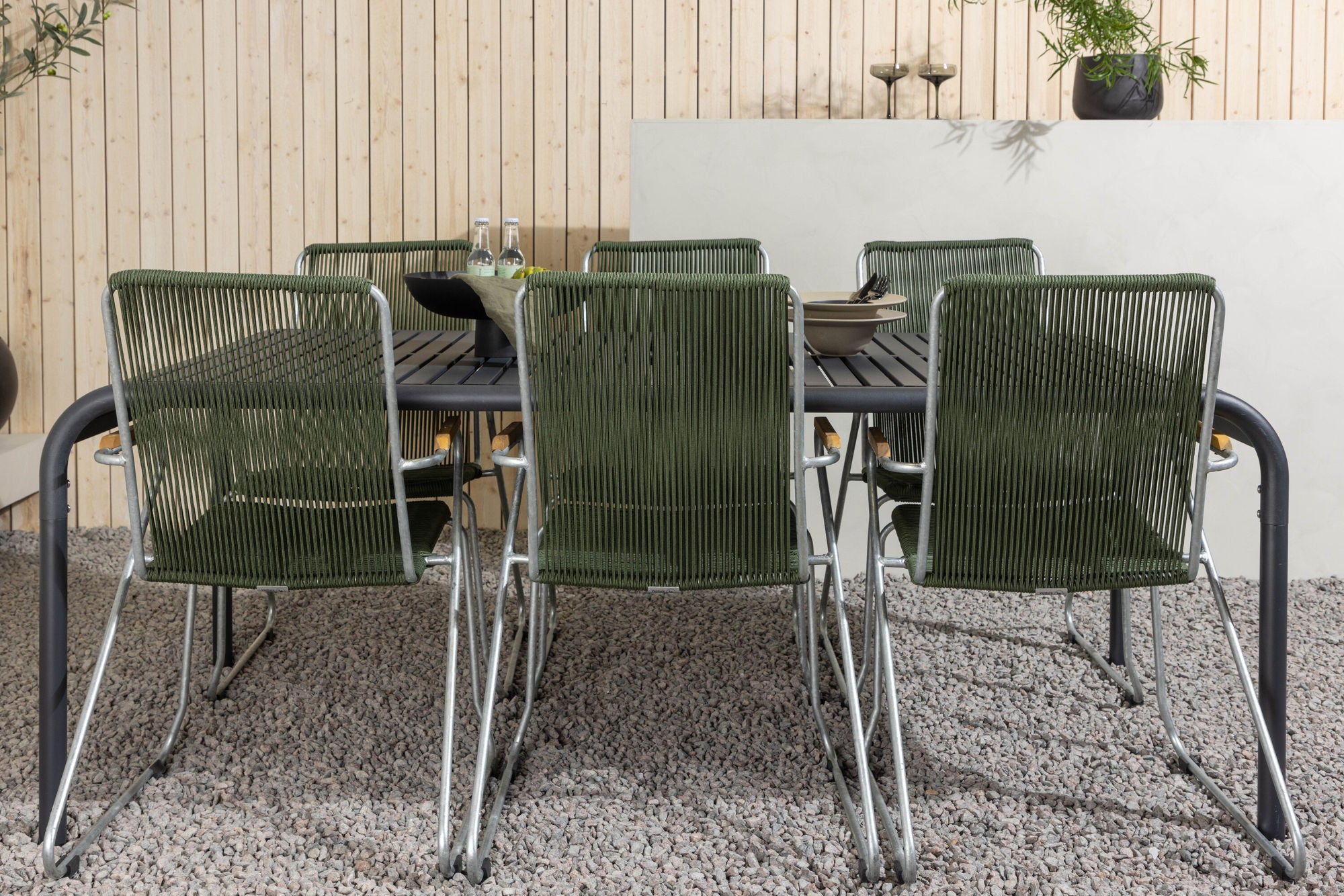 Venture Home Borneo Diningbord Aluminium - Black / Rectangular 100*200* +Bois Diningchair Steel - Silver / Green Rope _6