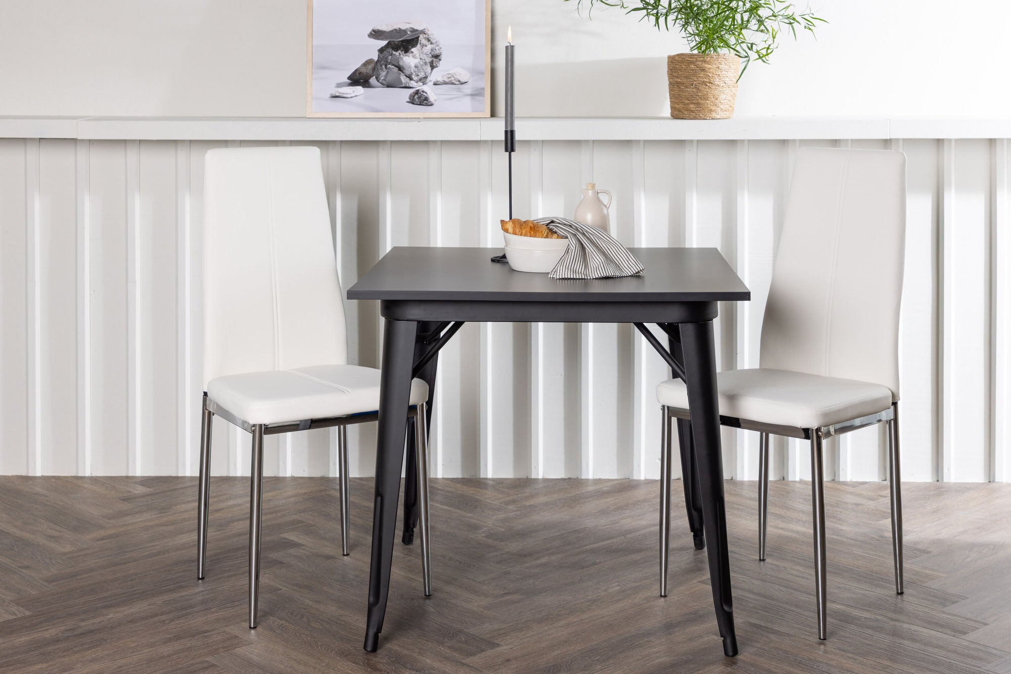 Venture Home Tempe spisebord - Black / Black MDF +Pastill Spisebordsstol - Silver / White PU _2