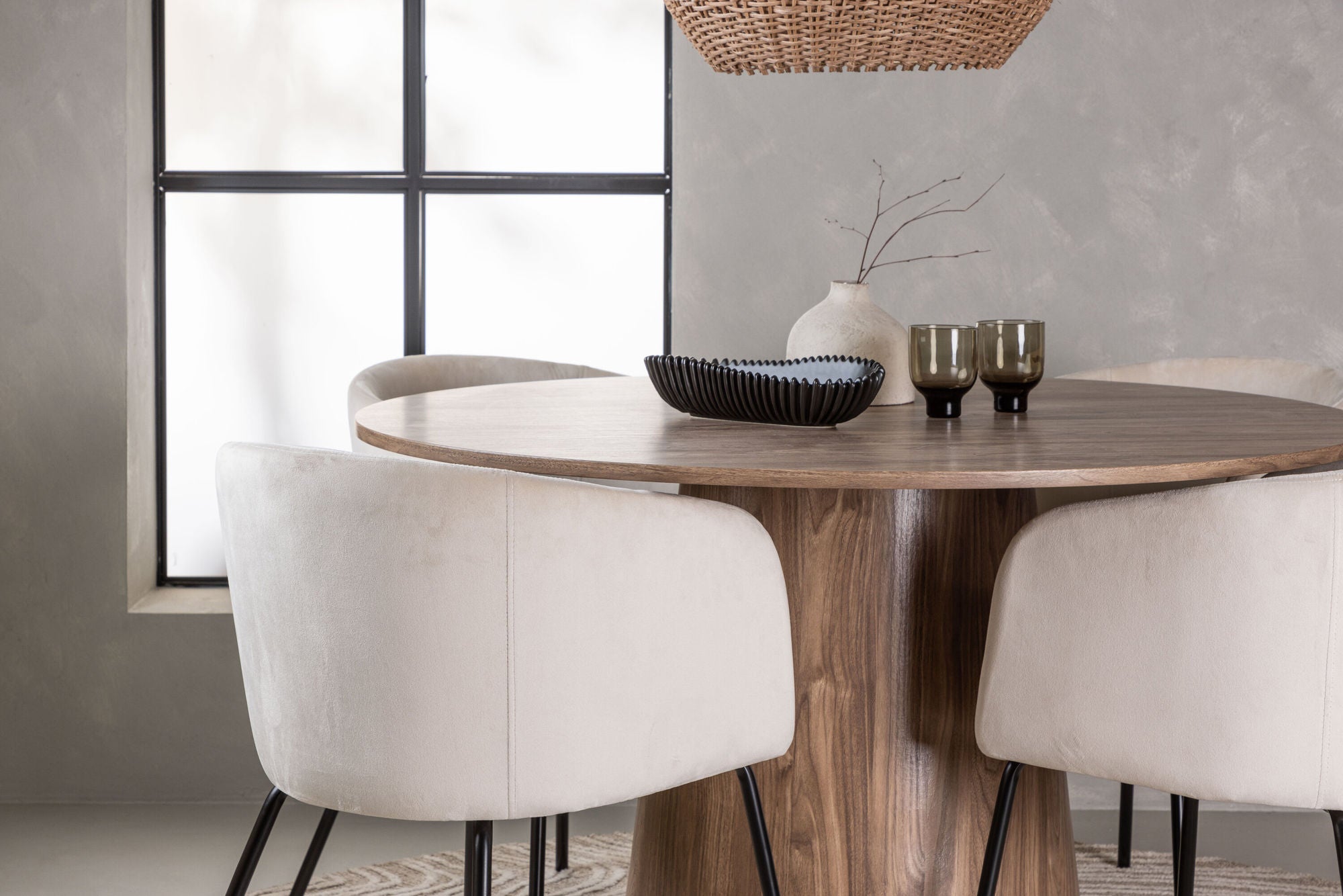Venture Home Lanzo spisebord φ120 - Natural / Natural MDF +Berit stol - Black / Beige Velvet _4