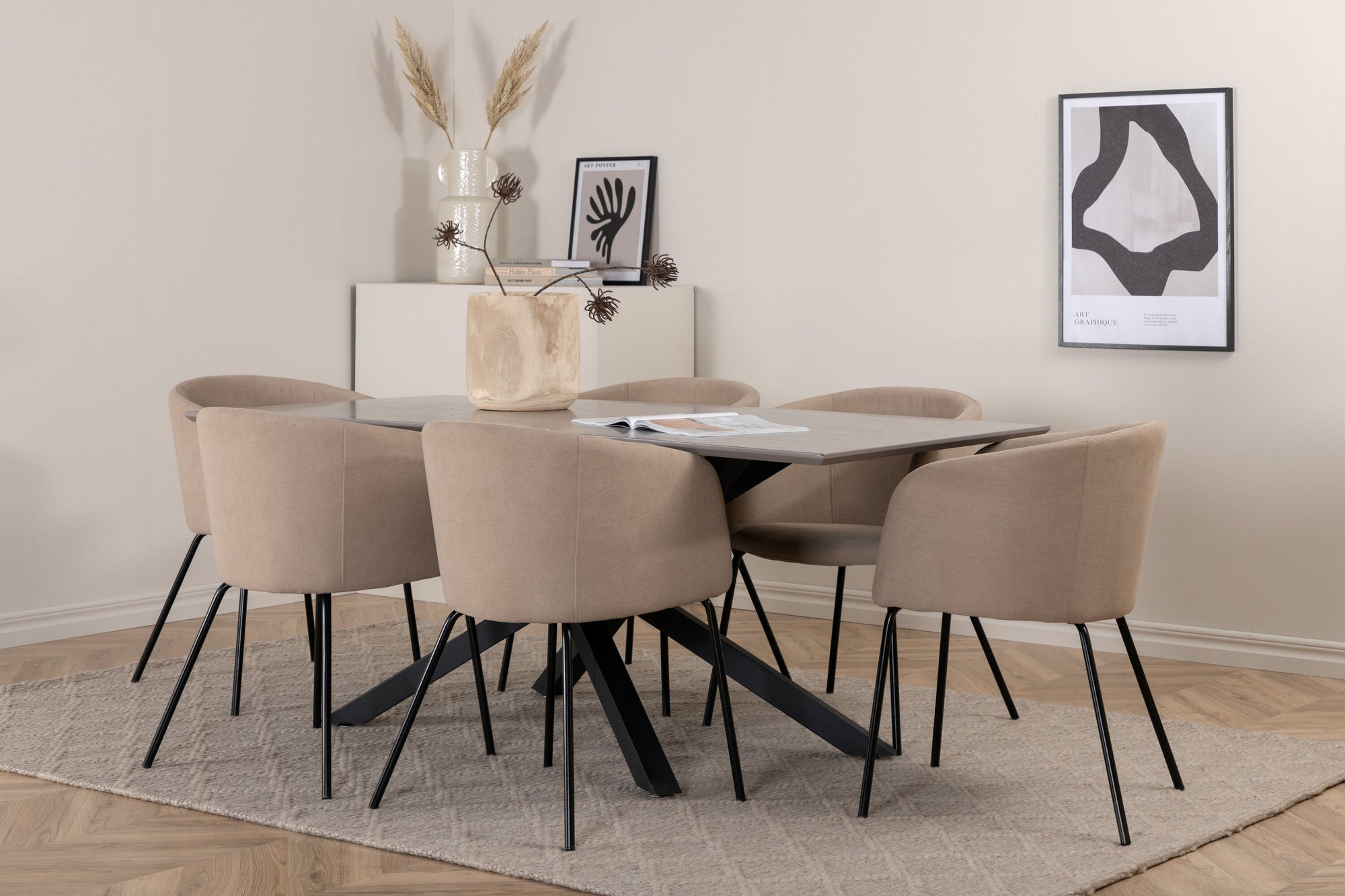 Venture Home Piazza spisebord - Black / Grey Veneer+Berit stol - Black / Beige Fabric (Polyester linen )_6