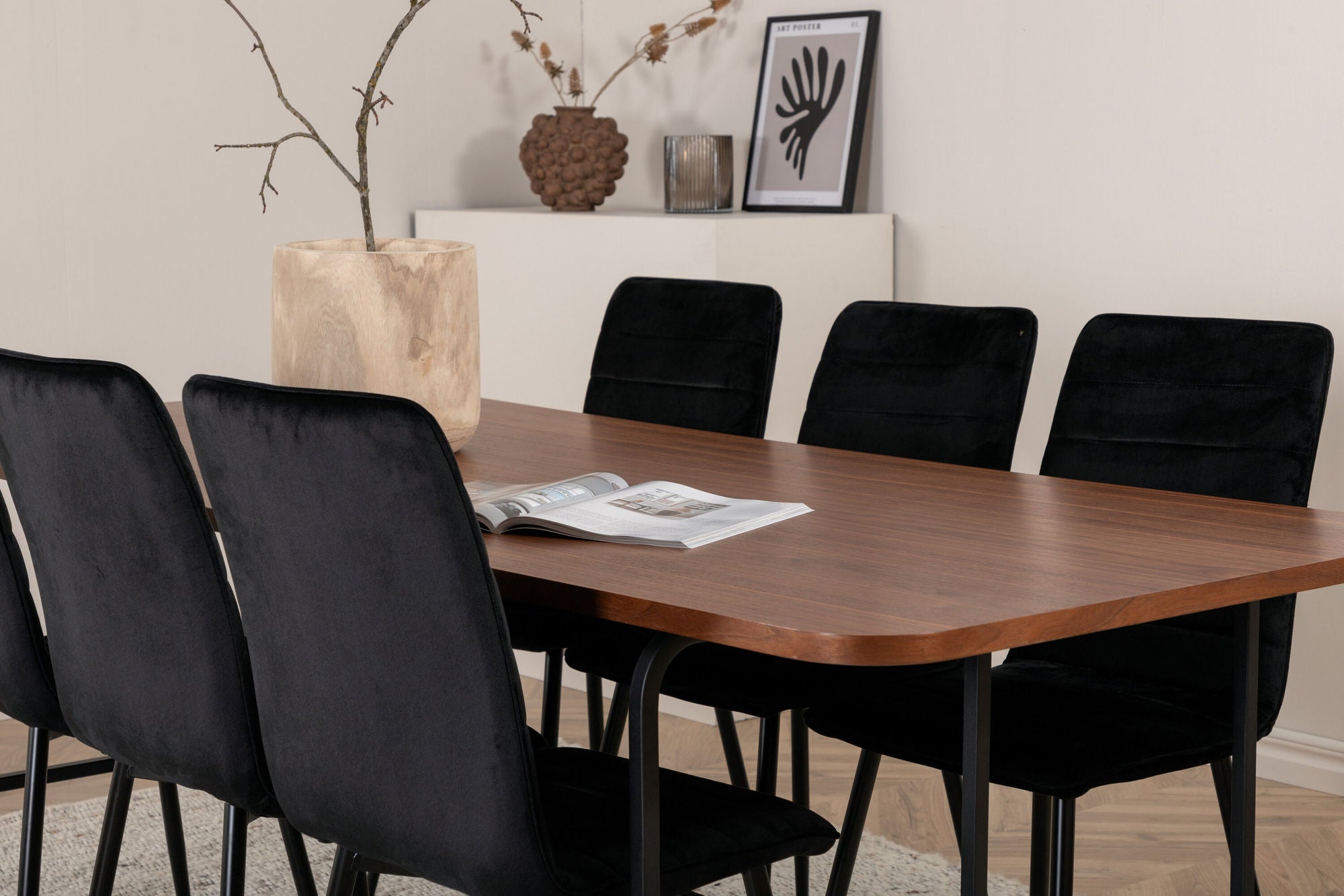 Venture Home Uno spisebord - Black / Walnut Veneer+Windu Lyx stol - Black / Black Velvet_6