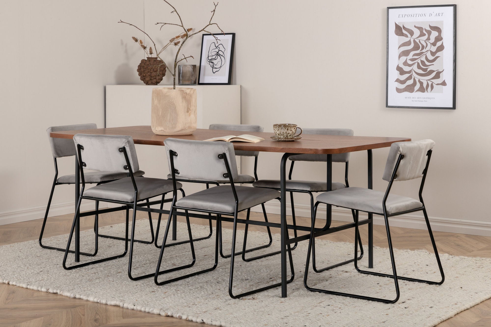 Venture Home Uno spisebord - Black / Walnut Veneer+Kenth stol - Black / Light Grey Velvet_6