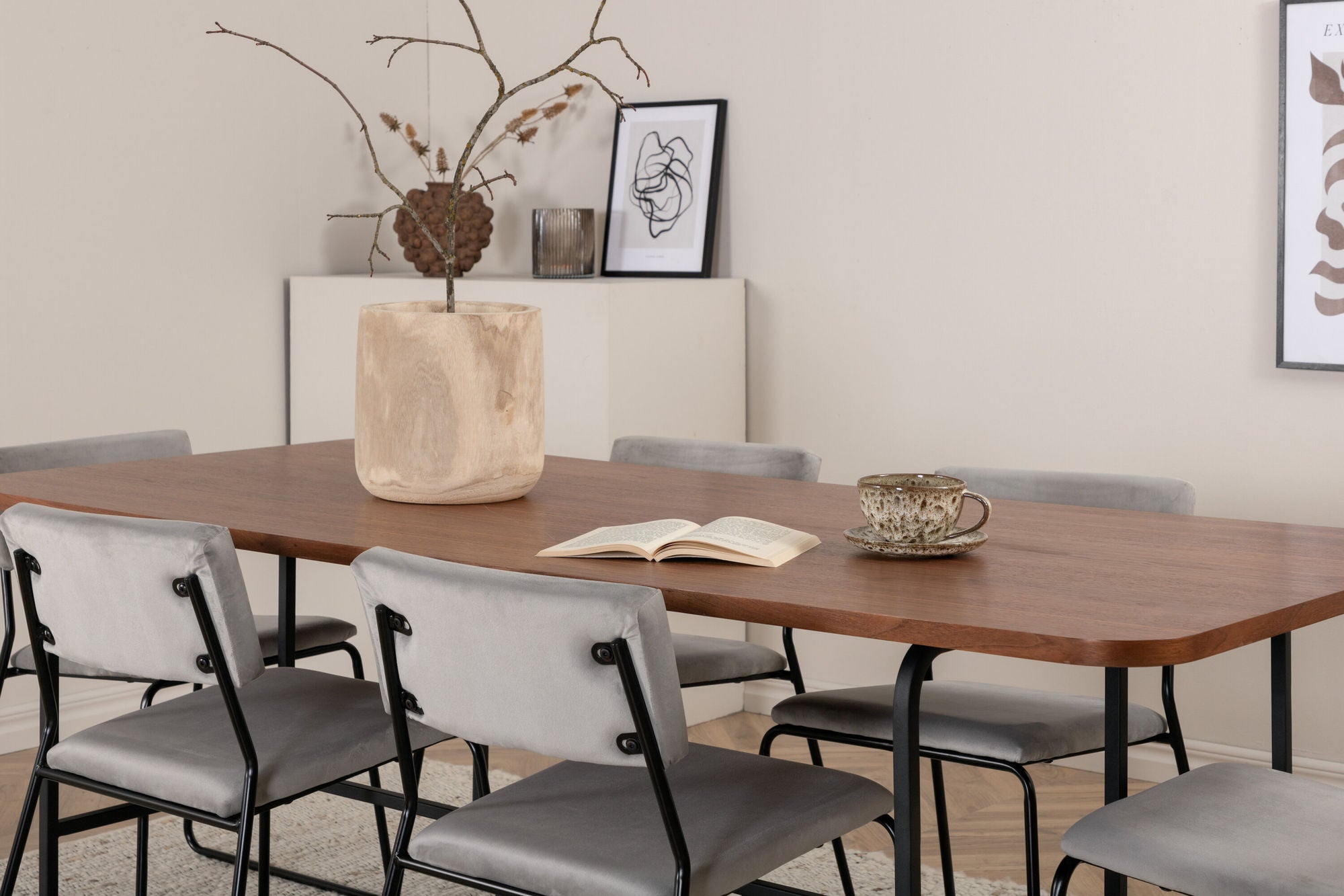 Venture Home Uno spisebord - Black / Walnut Veneer+Kenth stol - Black / Light Grey Velvet_6