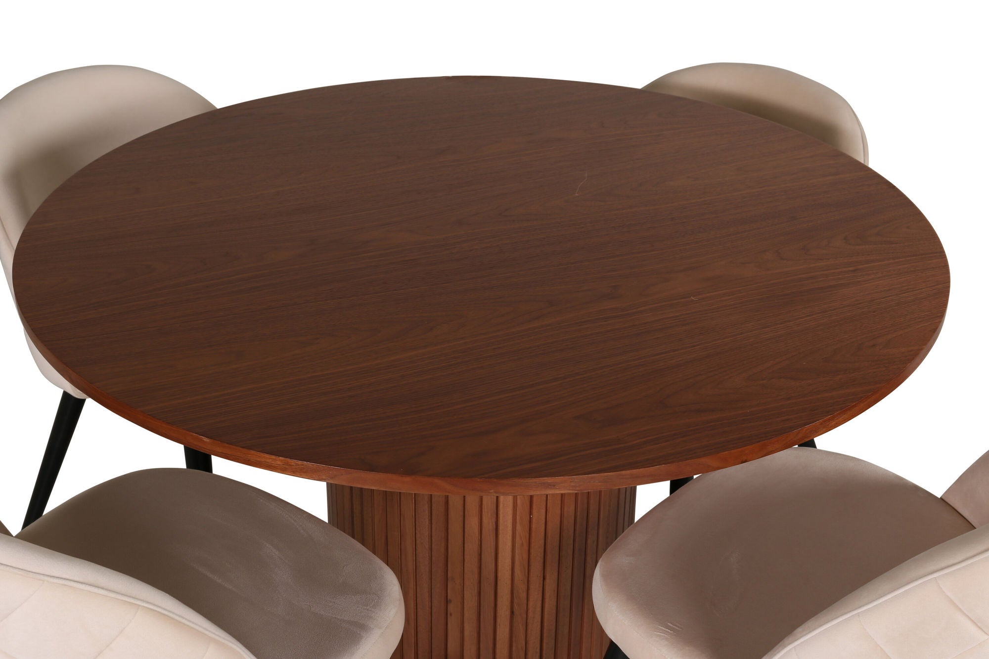 Venture Home Bianca rund spisebord - Walnut / Black Veneer+Velvet Stitches stol - Black / Beige Velvet_4