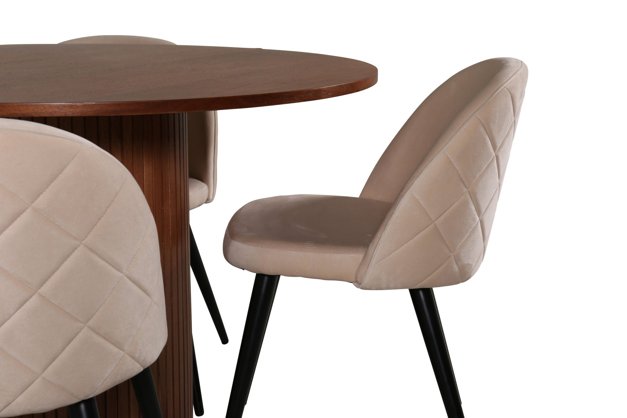 Venture Home Bianca rund spisebord - Walnut / Black Veneer+Velvet Stitches stol - Black / Beige Velvet_4